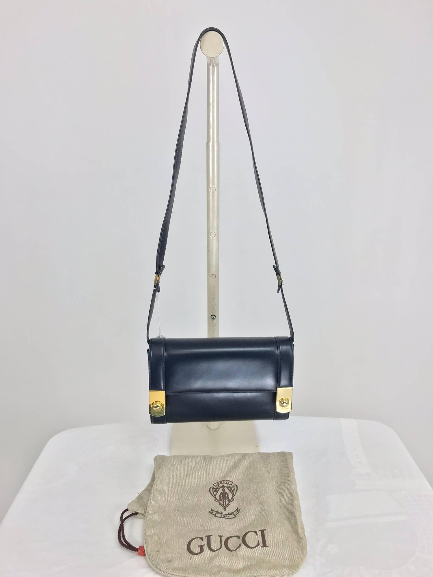 Gucci navy blue box calf gold button flap clutch shoulder handbag 4