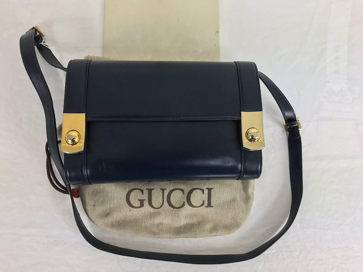 Gucci navy blue box calf gold button flap clutch shoulder handbag 5