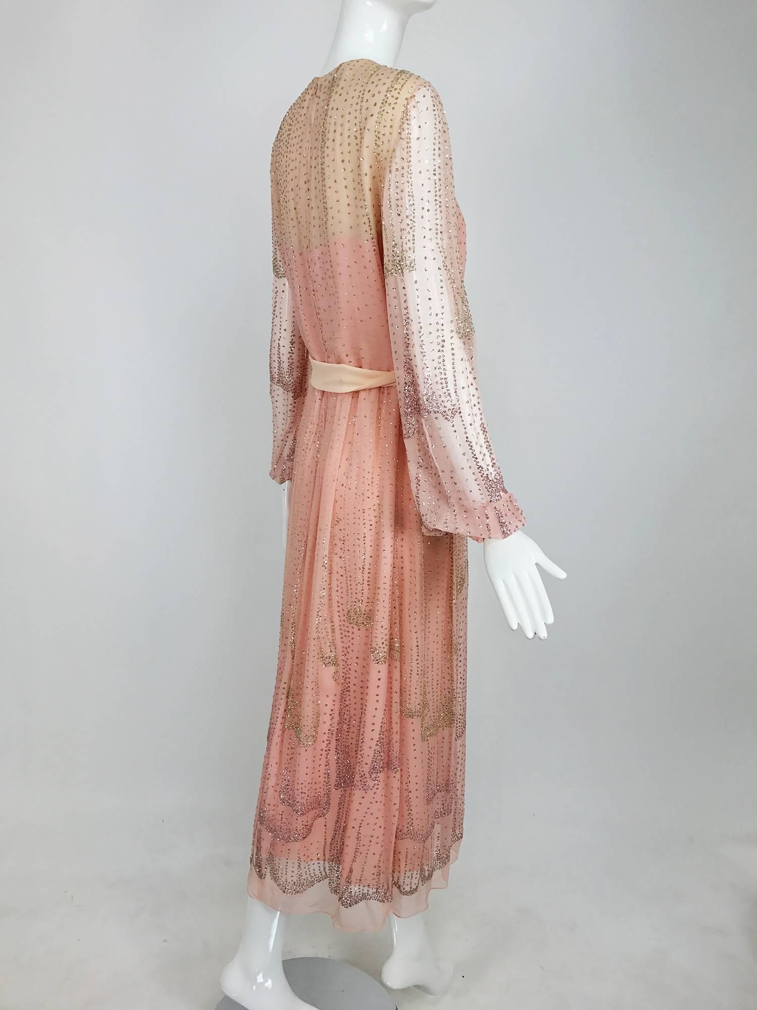 Beige Vintage Richilene pink silk chiffon with silver glitter evening dress 1970s