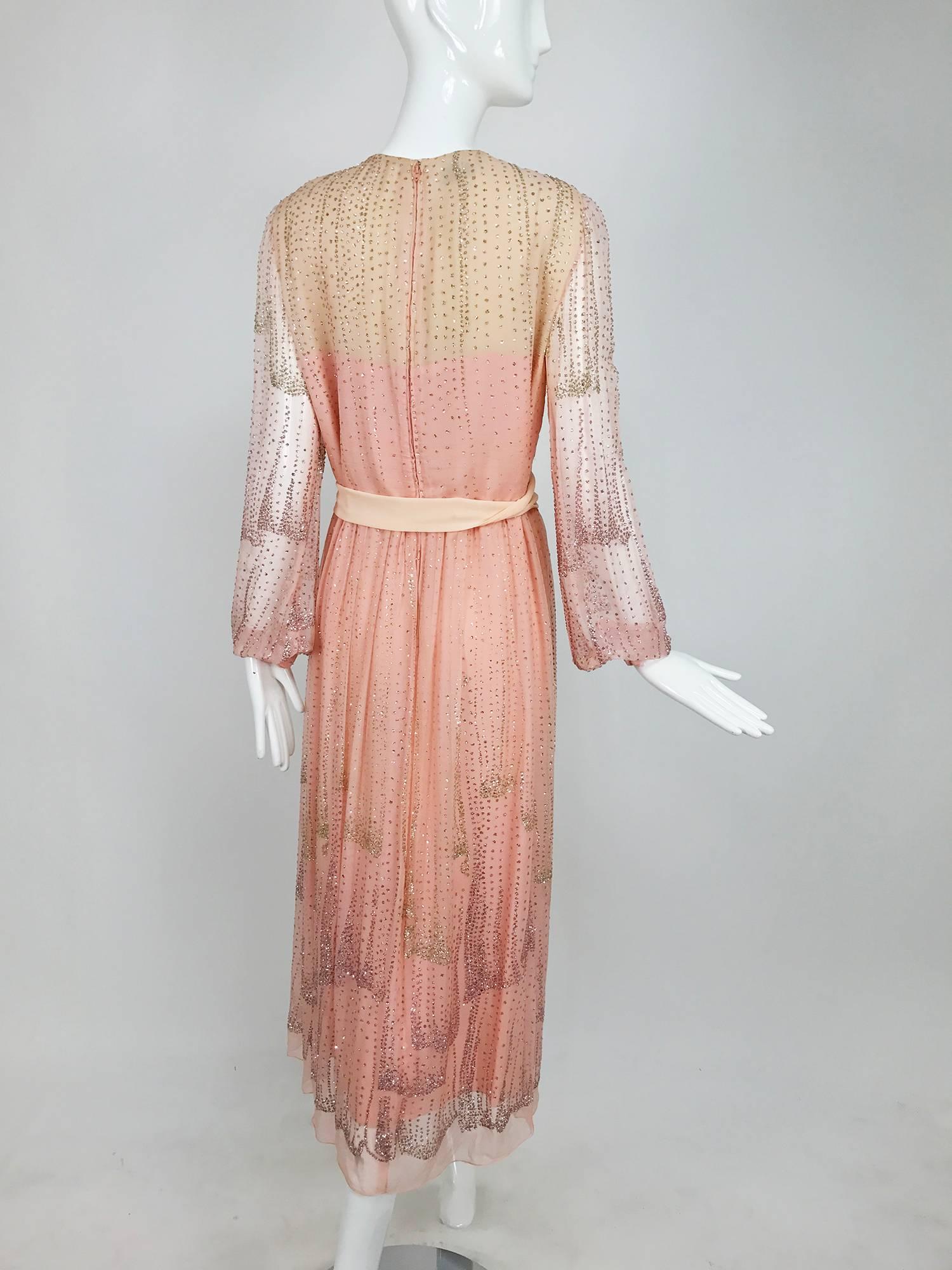 Vintage Richilene pink silk chiffon with silver glitter evening dress 1970s In Excellent Condition In West Palm Beach, FL