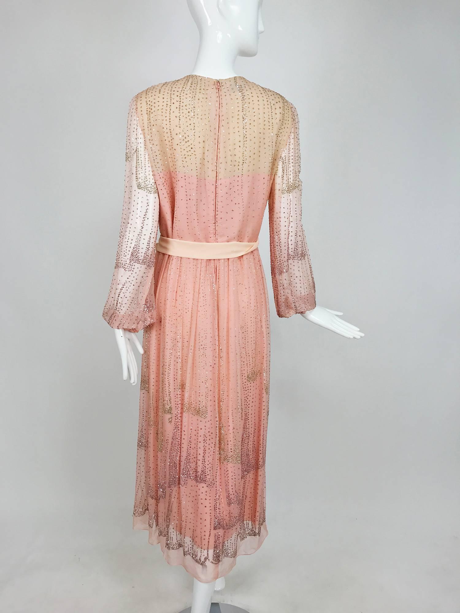 Women's Vintage Richilene pink silk chiffon with silver glitter evening dress 1970s