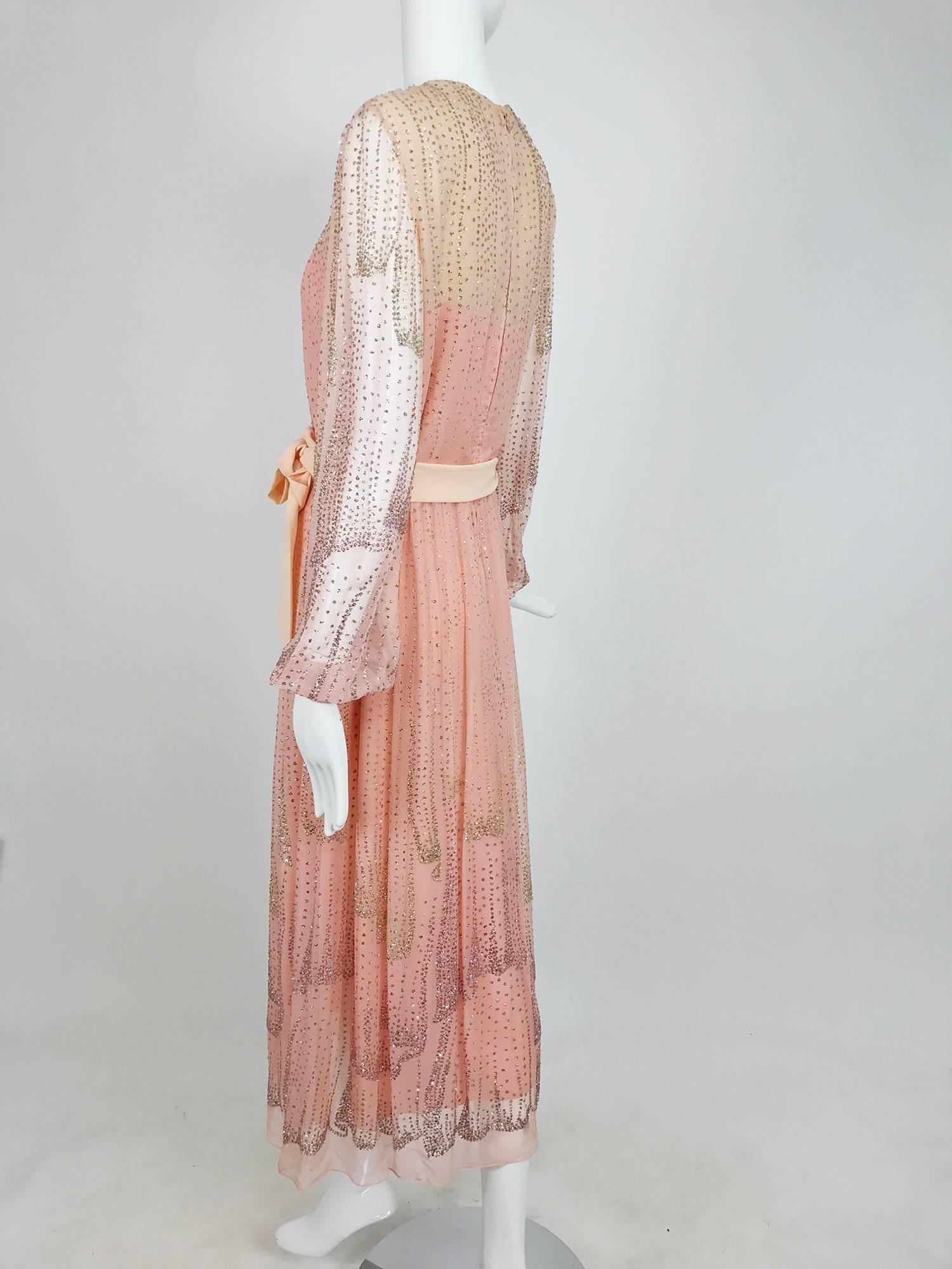 Vintage Richilene pink silk chiffon with silver glitter evening dress 1970s 1