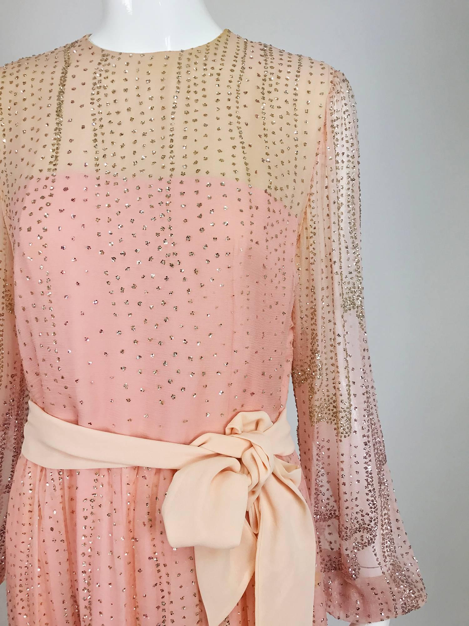 Vintage Richilene pink silk chiffon with silver glitter evening dress 1970s 3