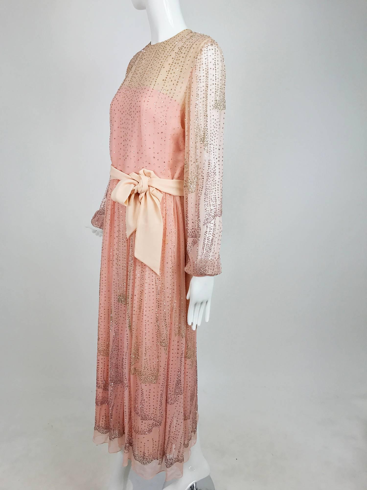 Vintage Richilene pink silk chiffon with silver glitter evening dress 1970s 2