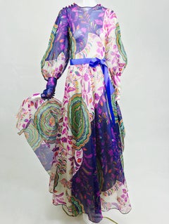Vintage Lanvin fantasy floral print silk organza maxi dress 1970s