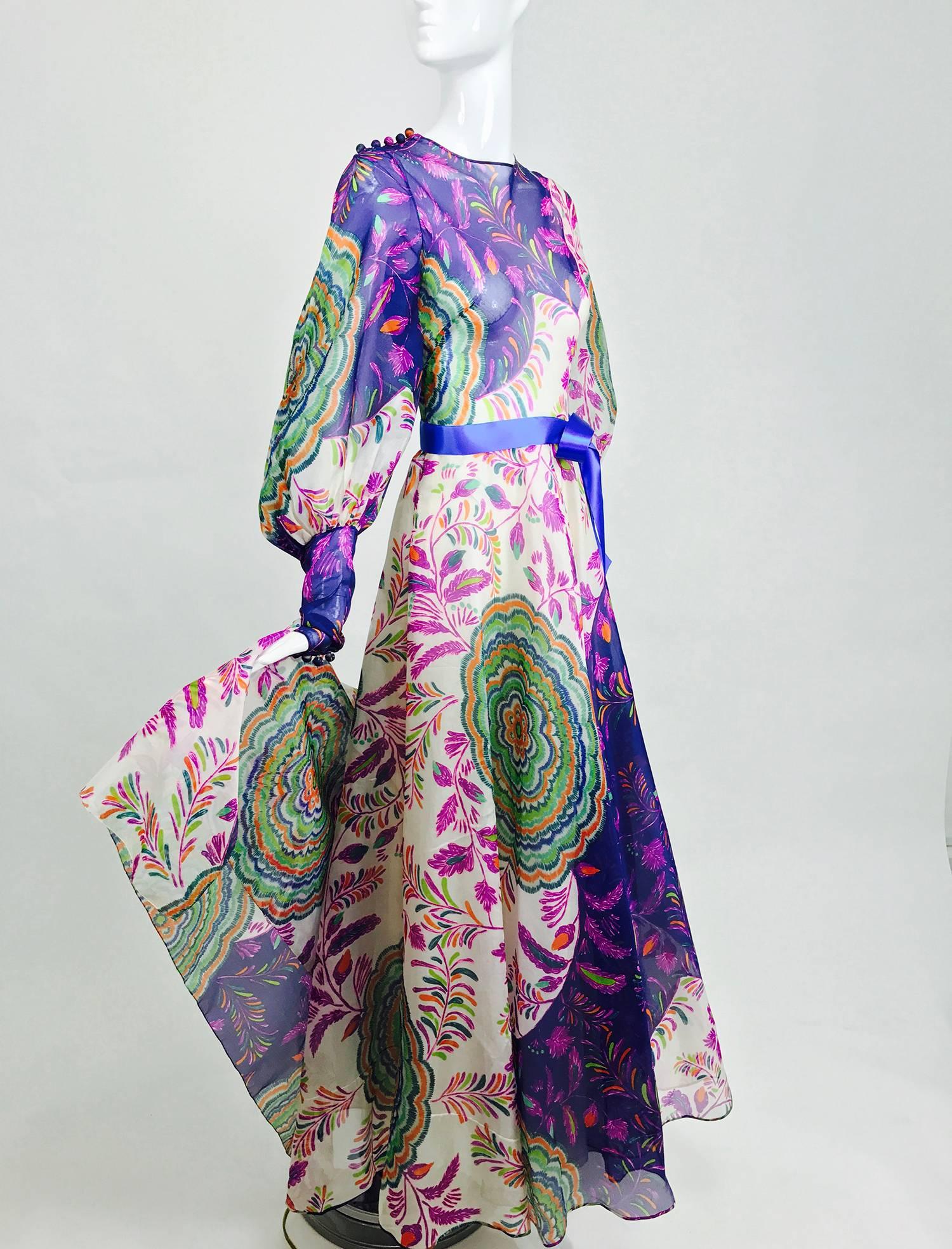 Fabulous Lanvin 1970s boldly printed floral fantasy, silk organza maxi dress with a matching shawl...This stunning dress is perfect for any big event!  Sheer silk organza is printed in vivid colours...The design features a fitted bodice, with