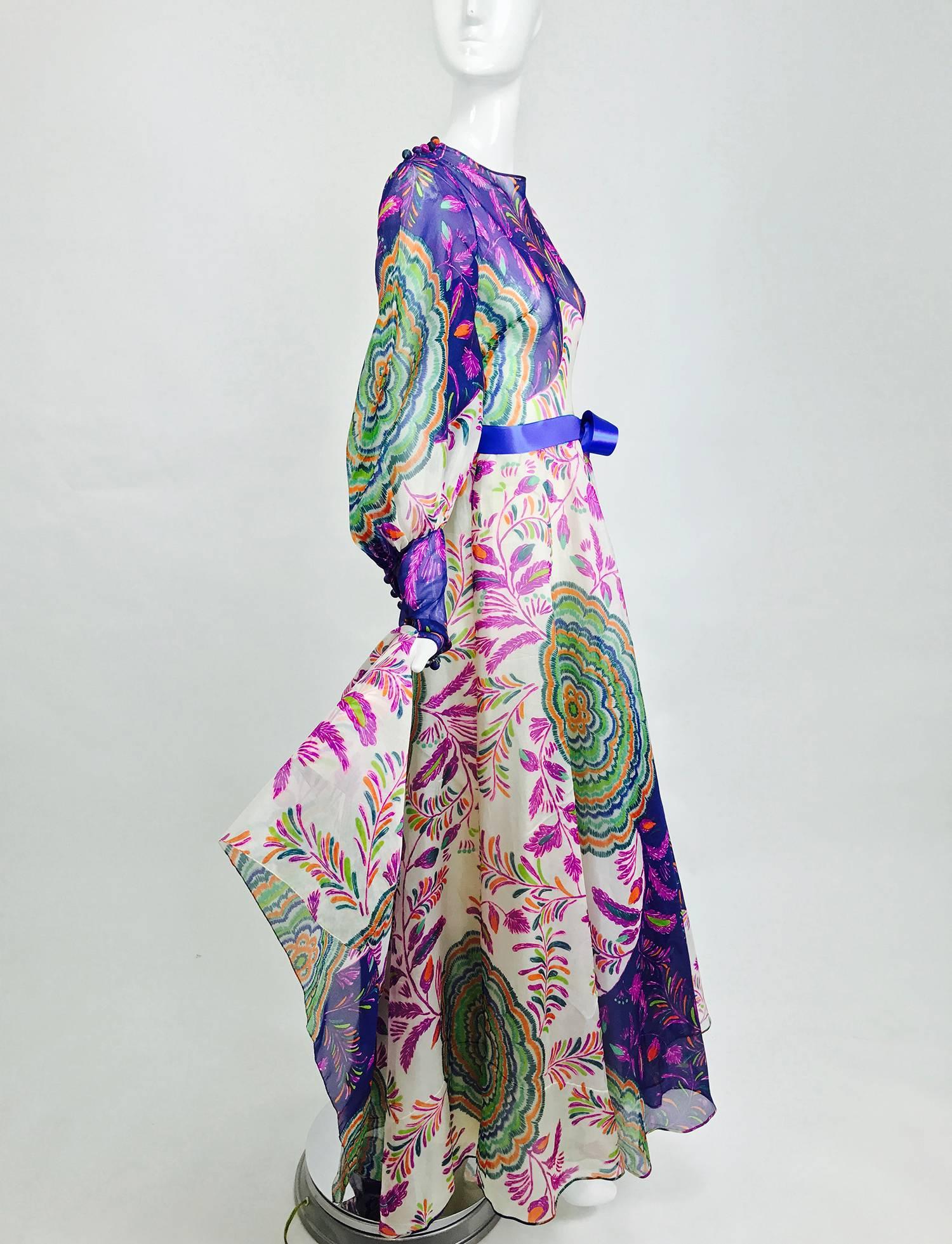 Gray Vintage Lanvin fantasy floral print silk organza maxi dress 1970s 