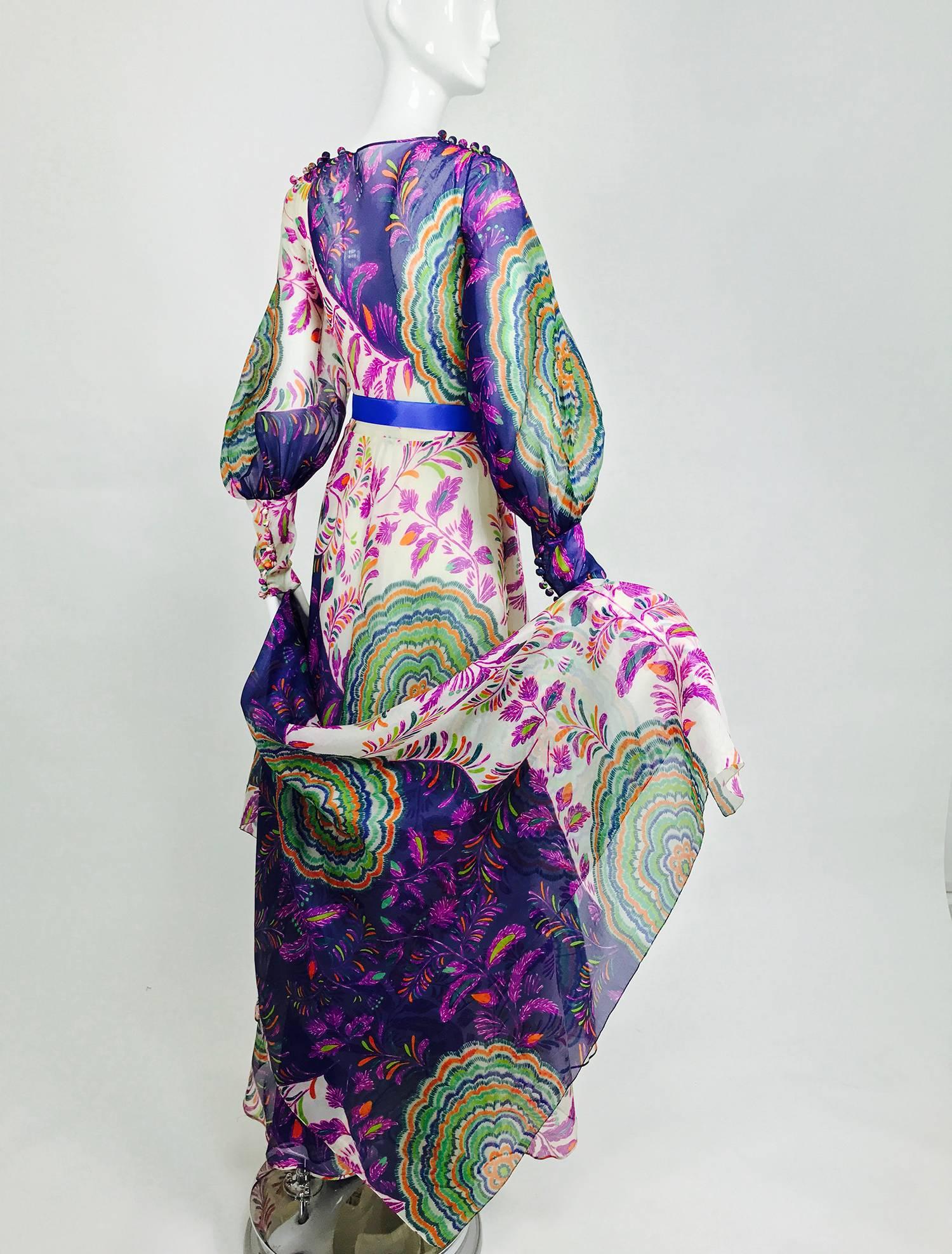 Vintage Lanvin fantasy floral print silk organza maxi dress 1970s  In Excellent Condition In West Palm Beach, FL