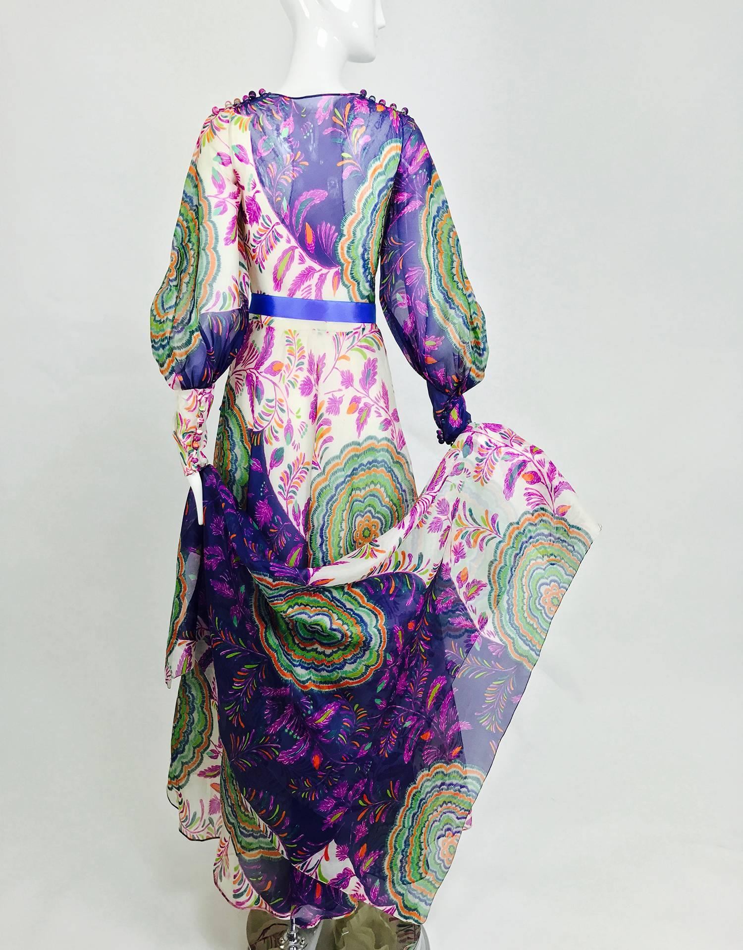 Women's Vintage Lanvin fantasy floral print silk organza maxi dress 1970s 