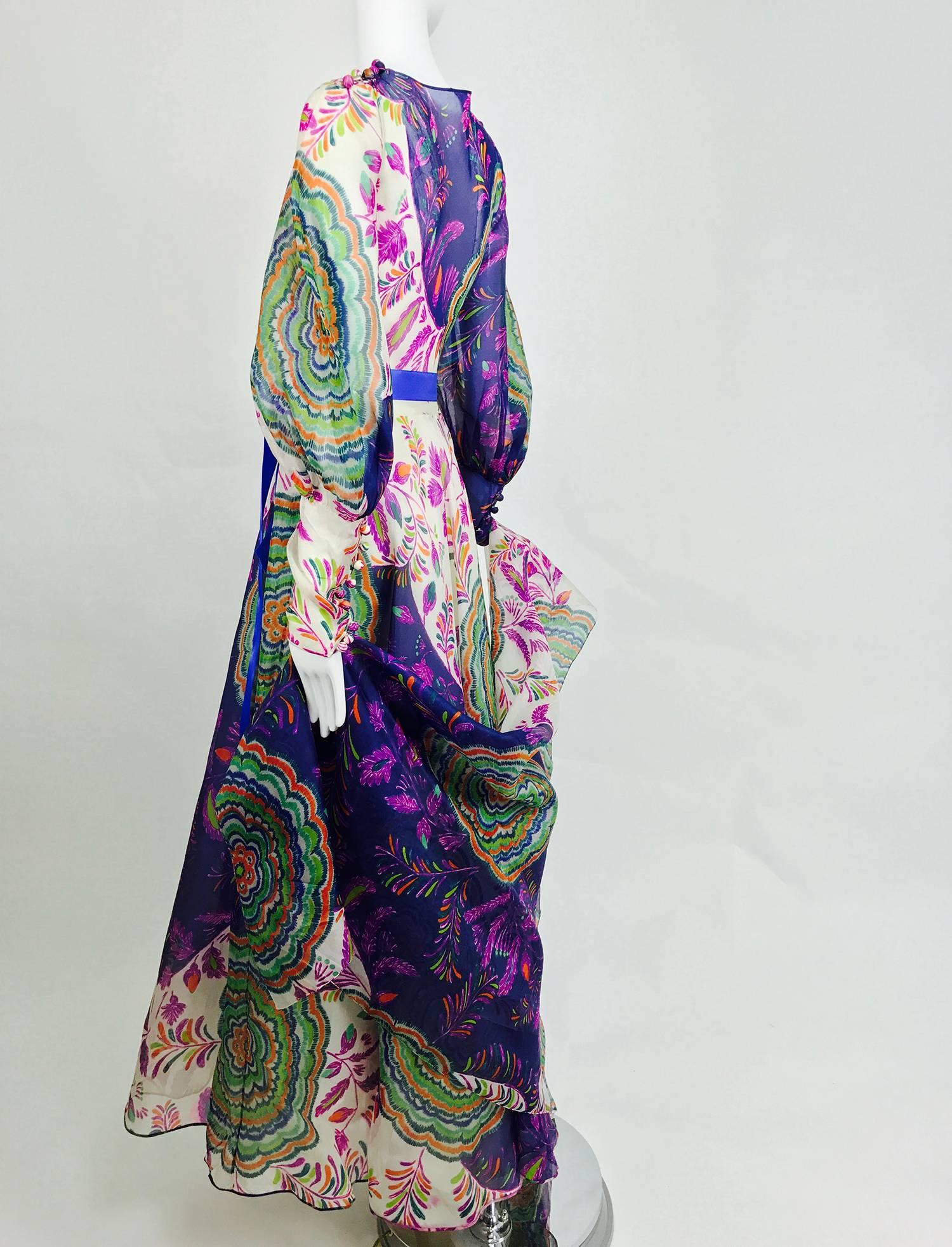 Vintage Lanvin fantasy floral print silk organza maxi dress 1970s  1