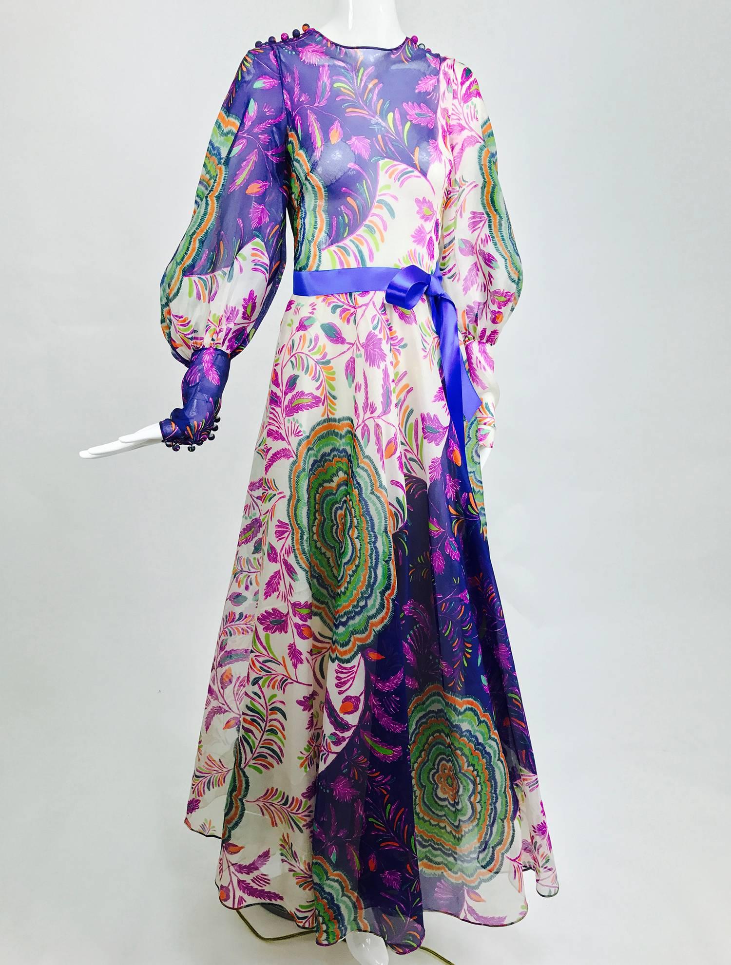 Vintage Lanvin fantasy floral print silk organza maxi dress 1970s  2