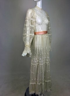 Vintage Victorian style ivory lace and tulle maxi dress 1970s wedding