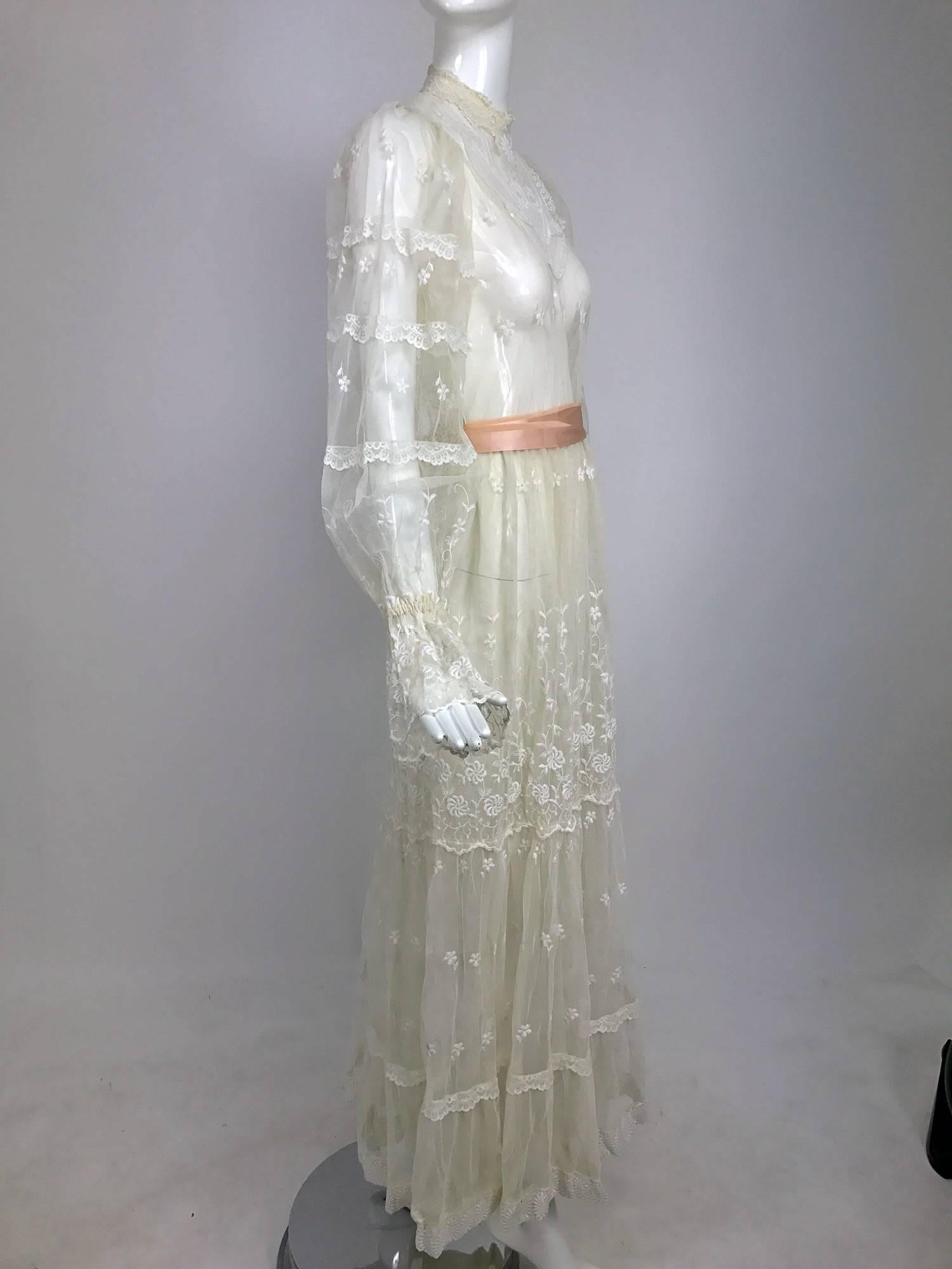 Gray Vintage Victorian style ivory lace and tulle maxi dress 1970s wedding