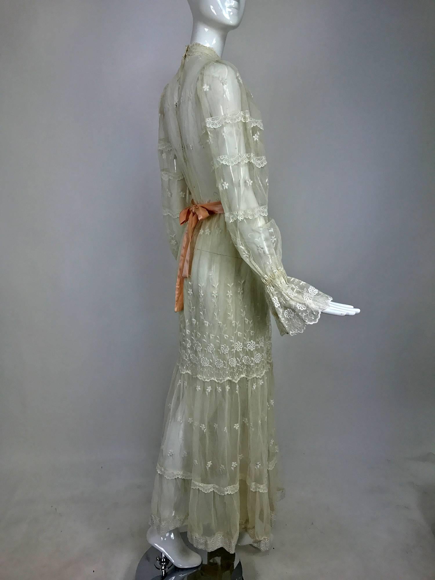 Vintage Victorian style ivory lace and tulle maxi dress 1970s wedding In Excellent Condition In West Palm Beach, FL