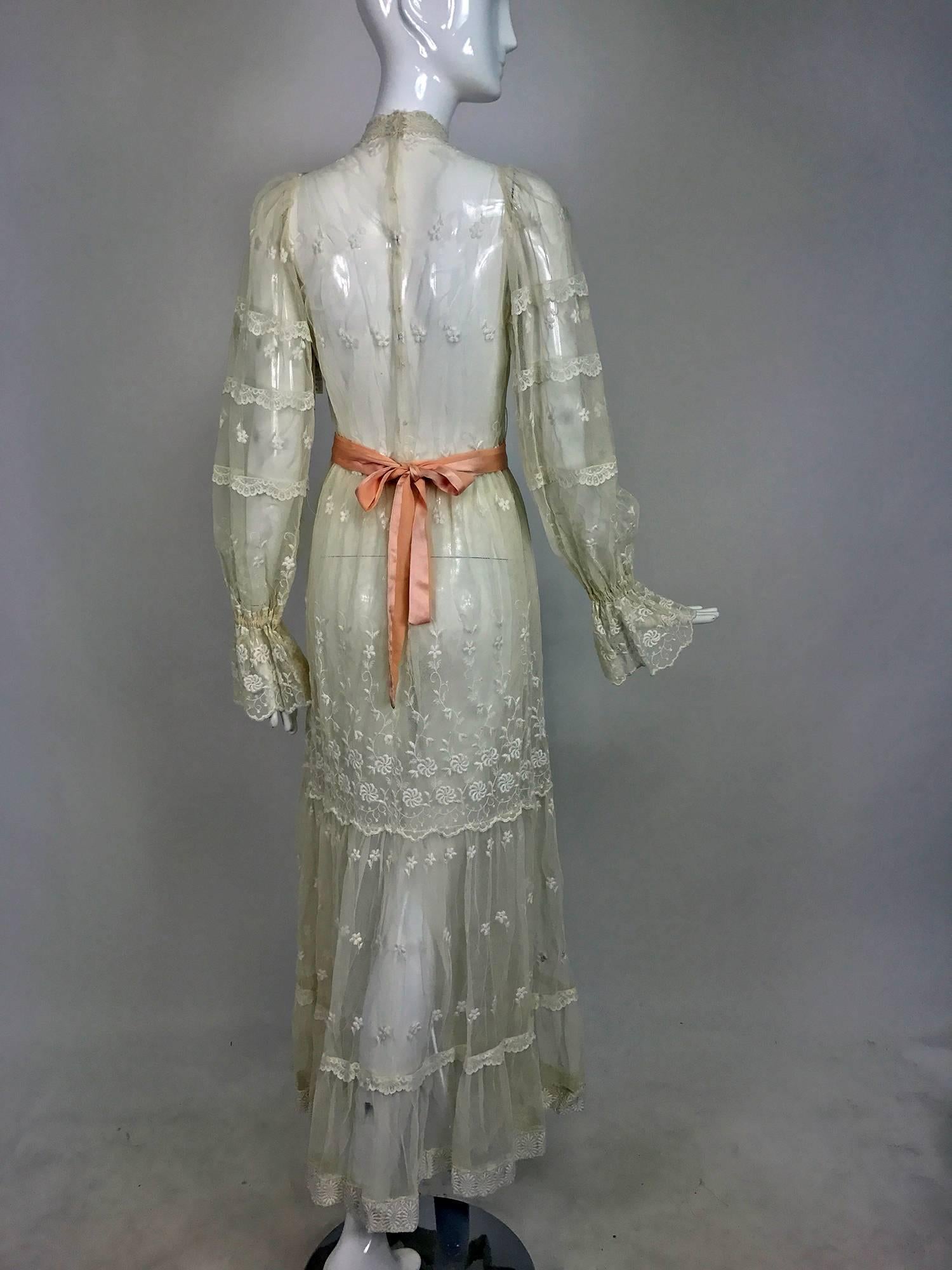 Women's Vintage Victorian style ivory lace and tulle maxi dress 1970s wedding