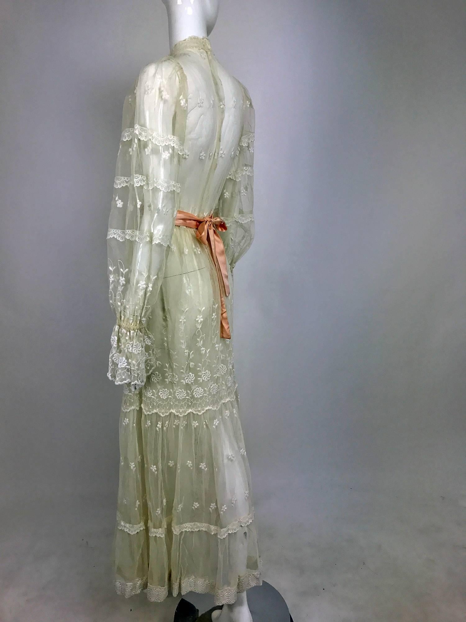 Vintage Victorian style ivory lace and tulle maxi dress 1970s wedding 1