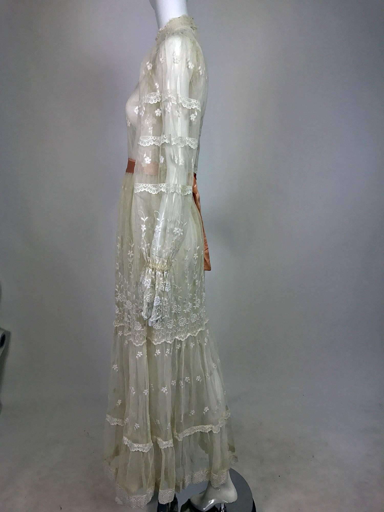 Vintage Victorian style ivory lace and tulle maxi dress 1970s wedding 2