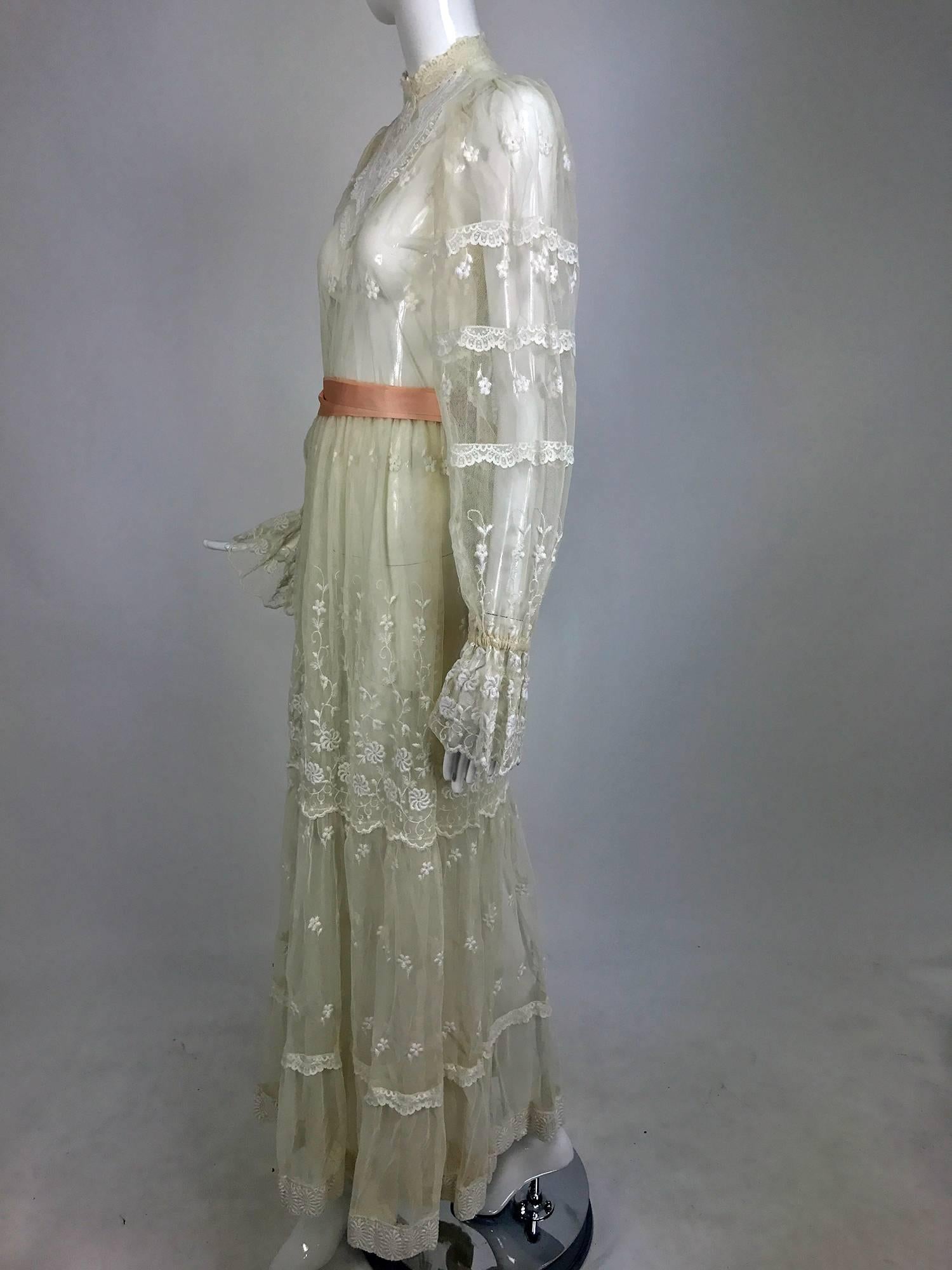 Vintage Victorian style ivory lace and tulle maxi dress 1970s wedding 3