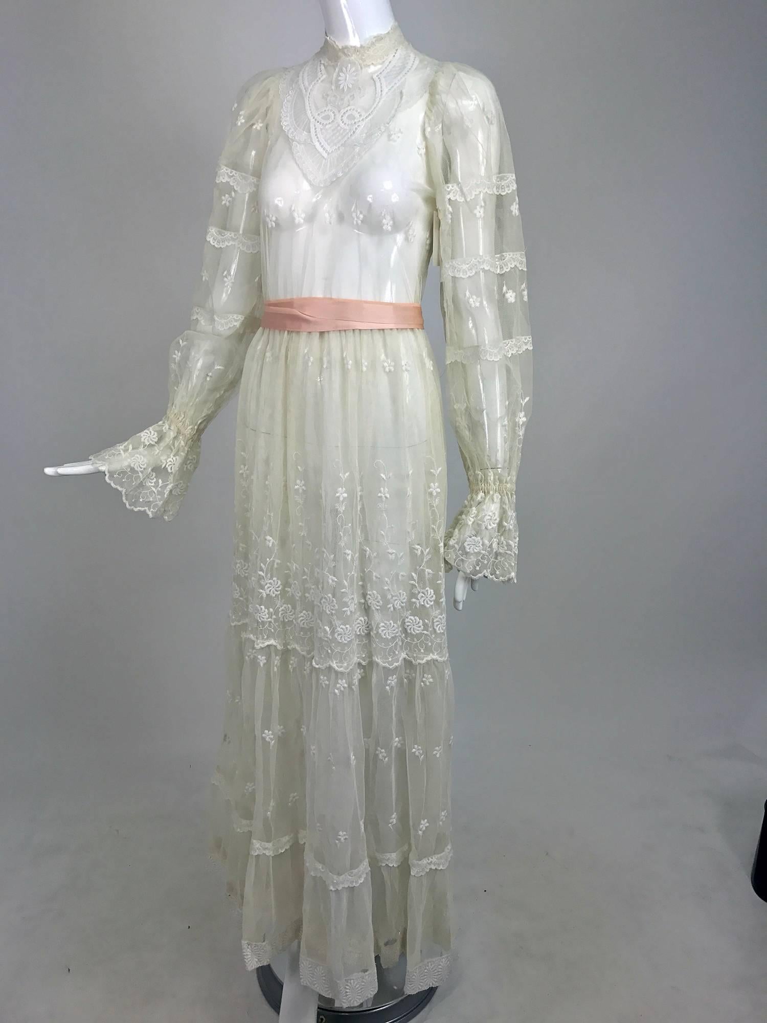 Vintage Victorian style ivory lace and tulle maxi dress 1970s wedding 4