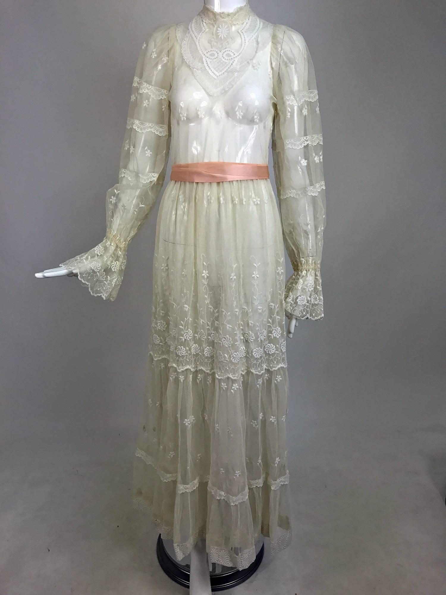 Vintage Victorian style ivory lace and tulle maxi dress 1970s wedding 5