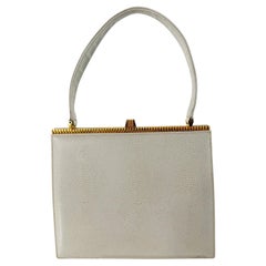 Dofan Cream Lizard Structured Handbag with Textured Bright Gold Hardware 1950s