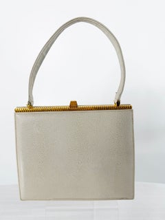 Dofan Cream Lizard Structured Handbag with Textured Bright Gold Hardware 1950s