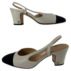 Chanel Cap Toe Slingback Pumps in Beige Lambskin & Black Faille Toe Caps 36A