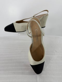 Chanel Cap Toe Slingback Pumps in Beige Lambskin & Black Faille Toe Caps 36A