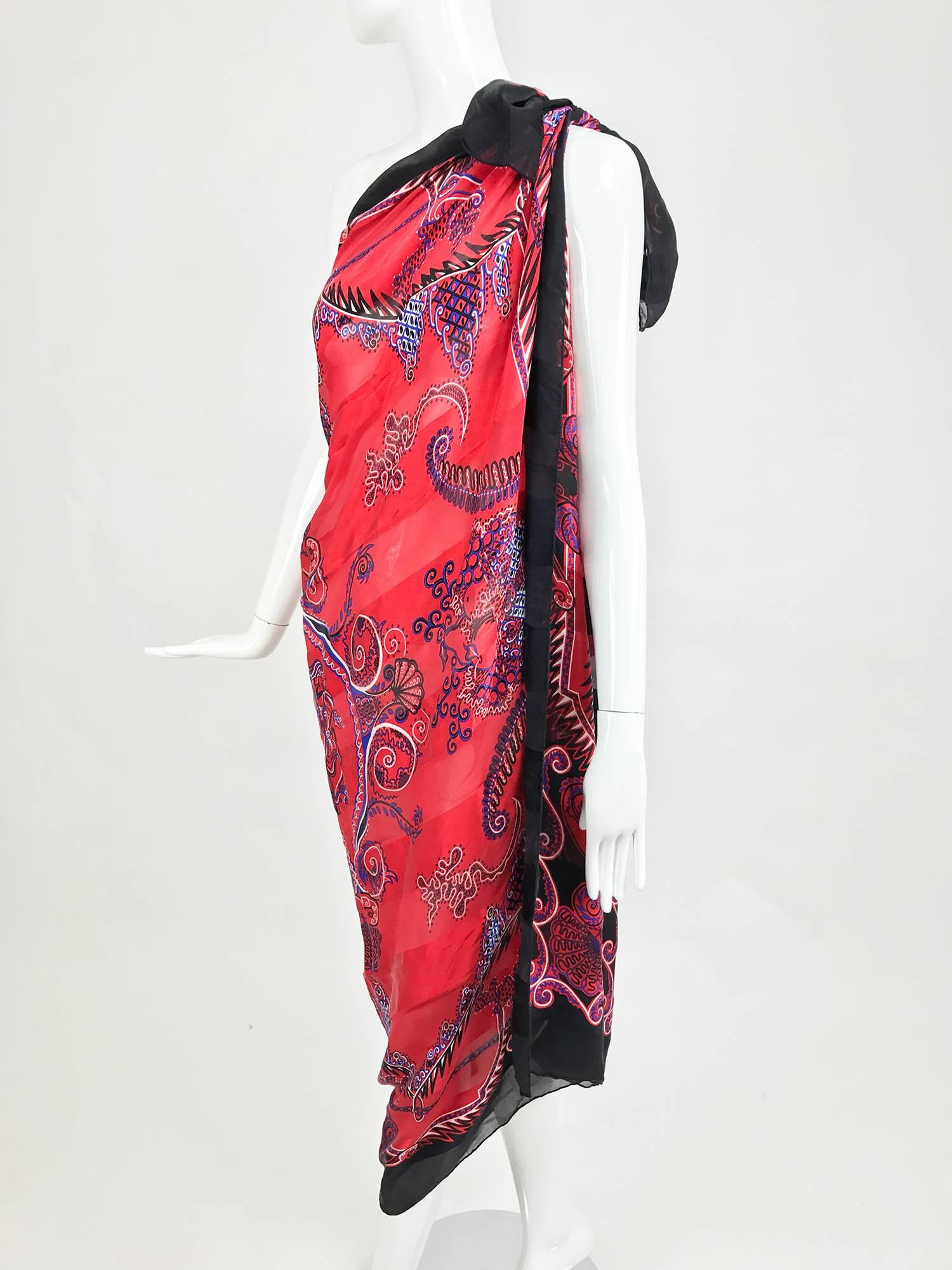 Vintage Zandra Rhodes large silk shawl in red and purple the three graces  1
