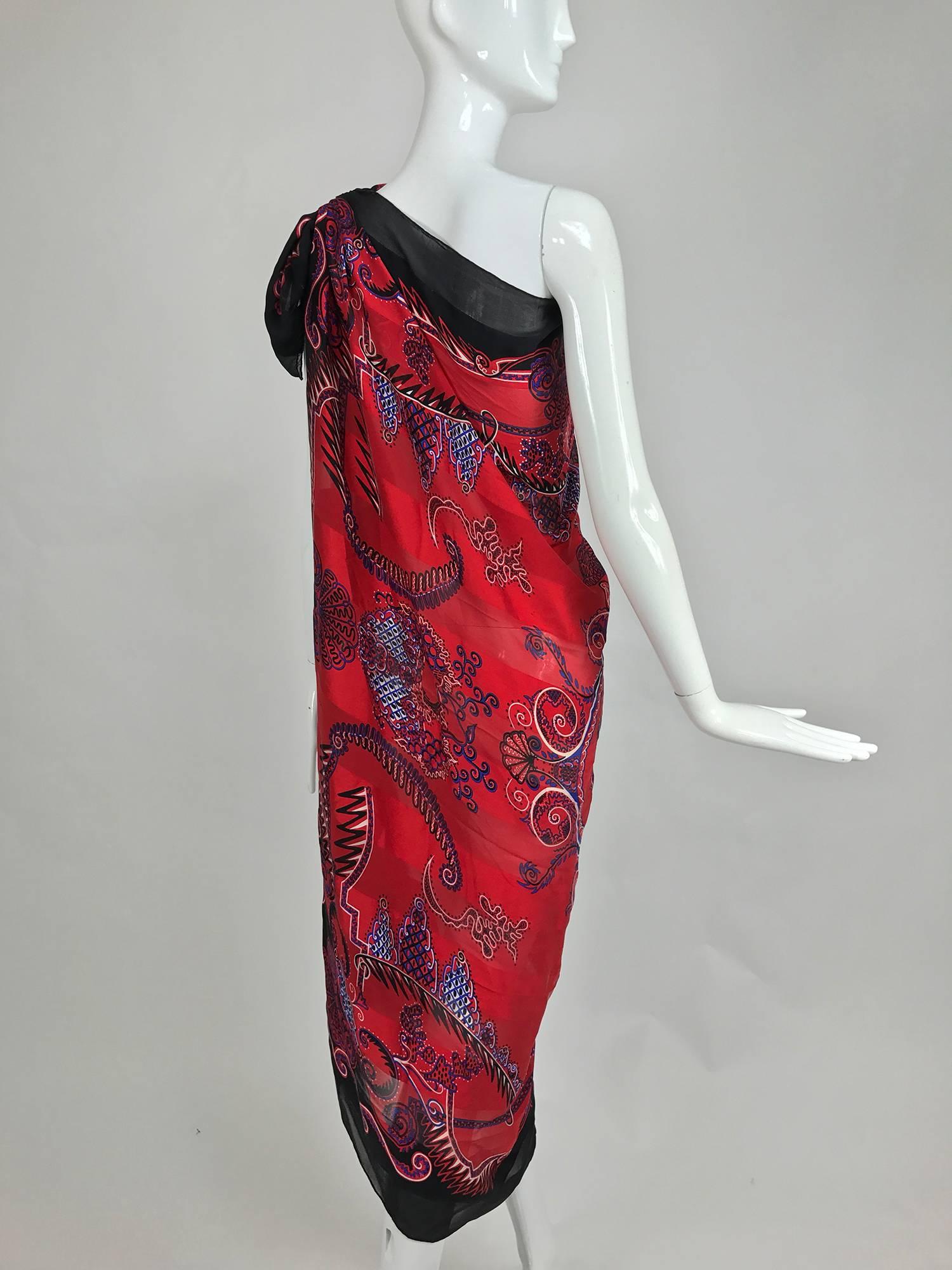 Vintage Zandra Rhodes large silk shawl in red and purple the three graces  3