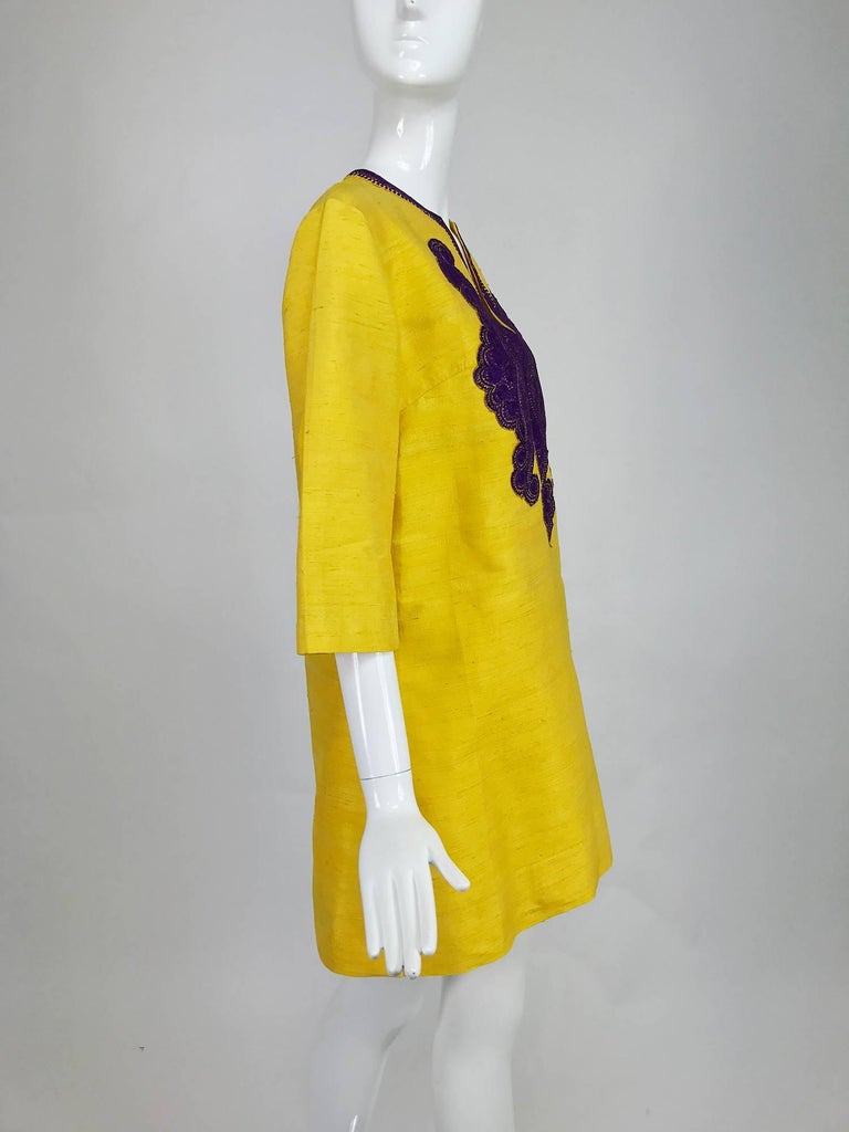 Vintage tunic of raw silk in saffron with purple embroidered applique ...