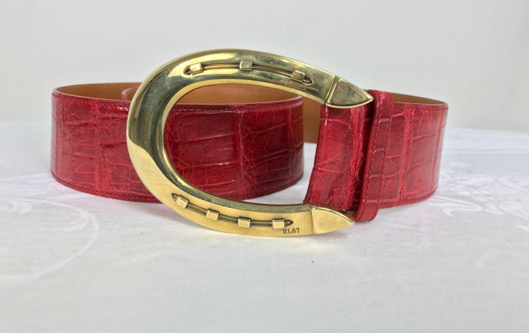 Ralph Lauren red alligator belt with gold horseshoe buckle  display picture 2