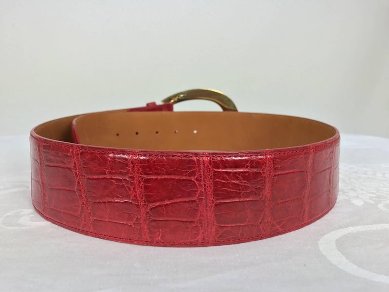 Ralph Lauren \'06 Collection Red Alligator Tri-Strap Brass Link Horse Bit Belt Ralph Lauren red alligator belt with gold horseshoe buckle  main image 2