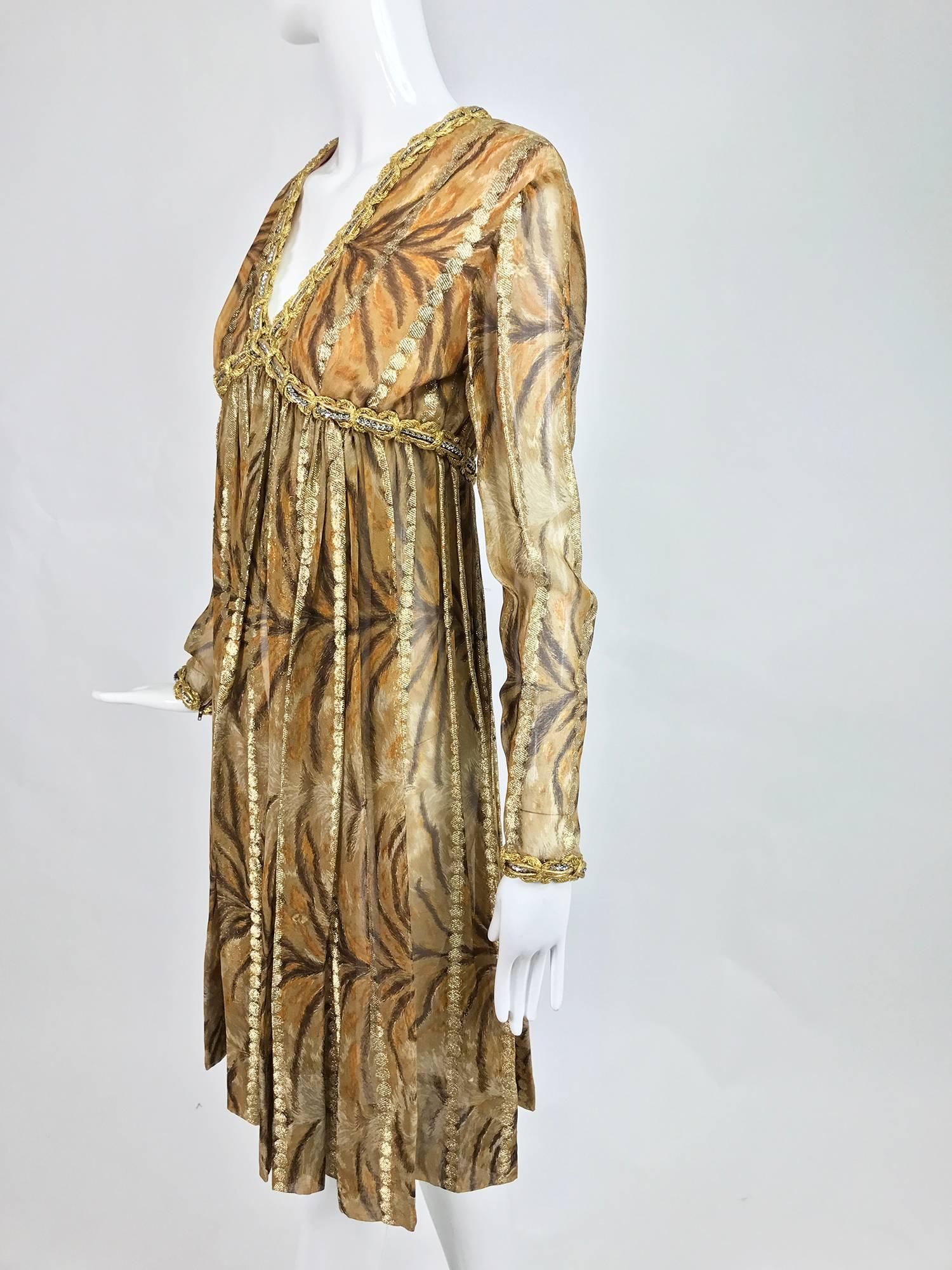 Brown Vintage Bill Blass golden silk chiffon metallic tiger stripe cocktail dress 1970 For Sale