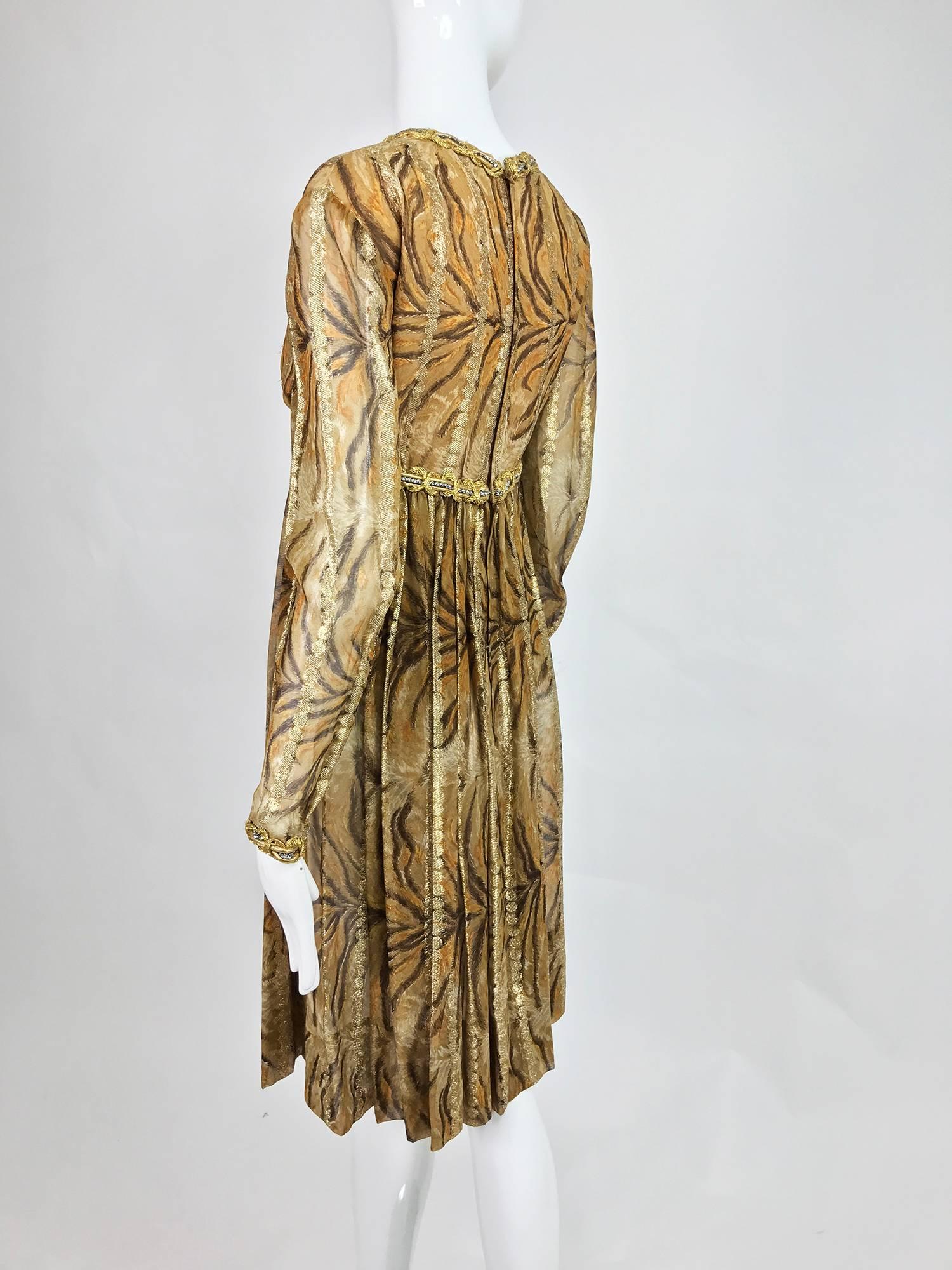 Brown Vintage Bill Blass golden silk chiffon metallic tiger stripe cocktail dress 1970 For Sale