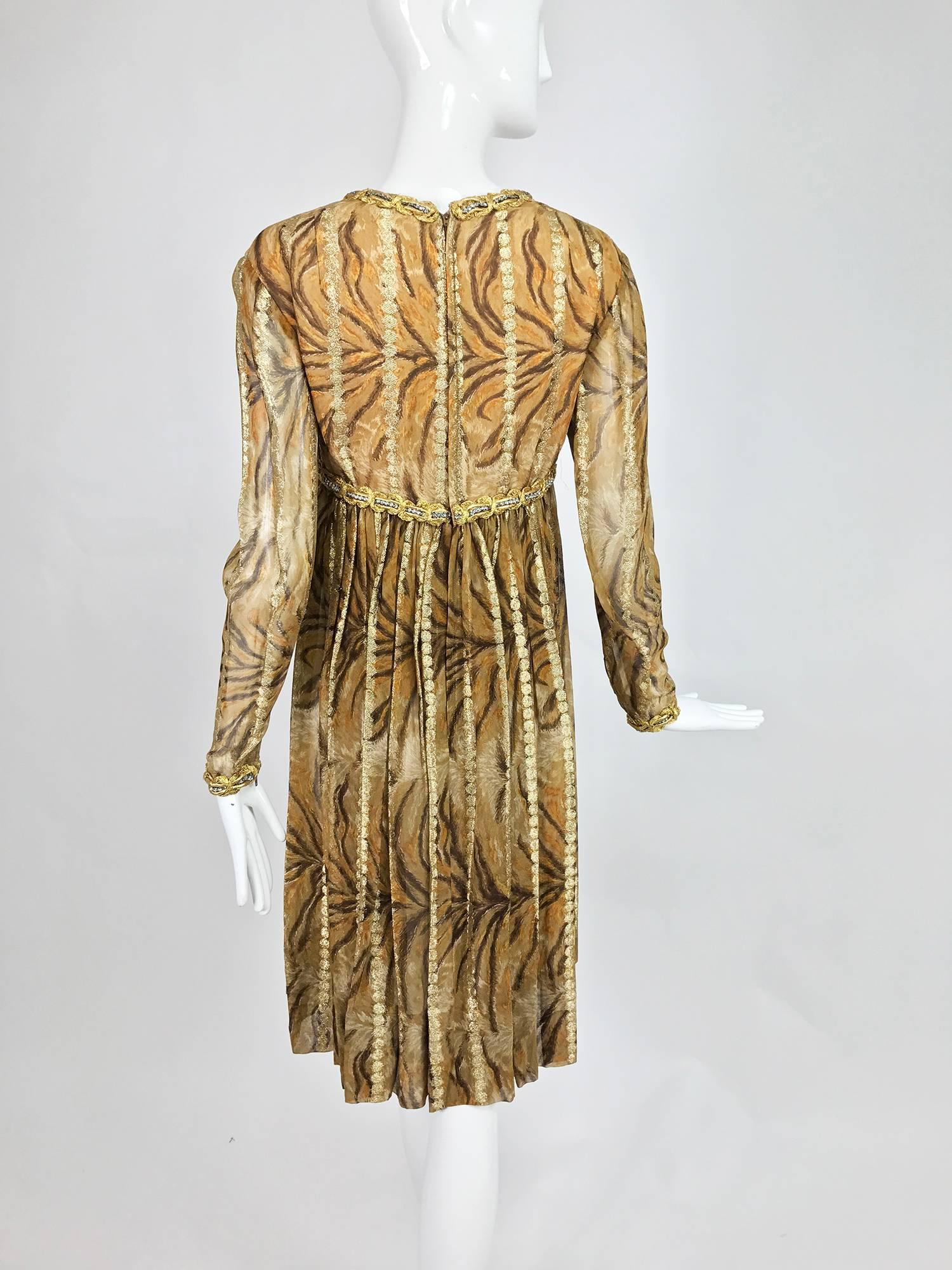 Vintage Bill Blass golden silk chiffon metallic tiger stripe cocktail dress 1970 For Sale 1