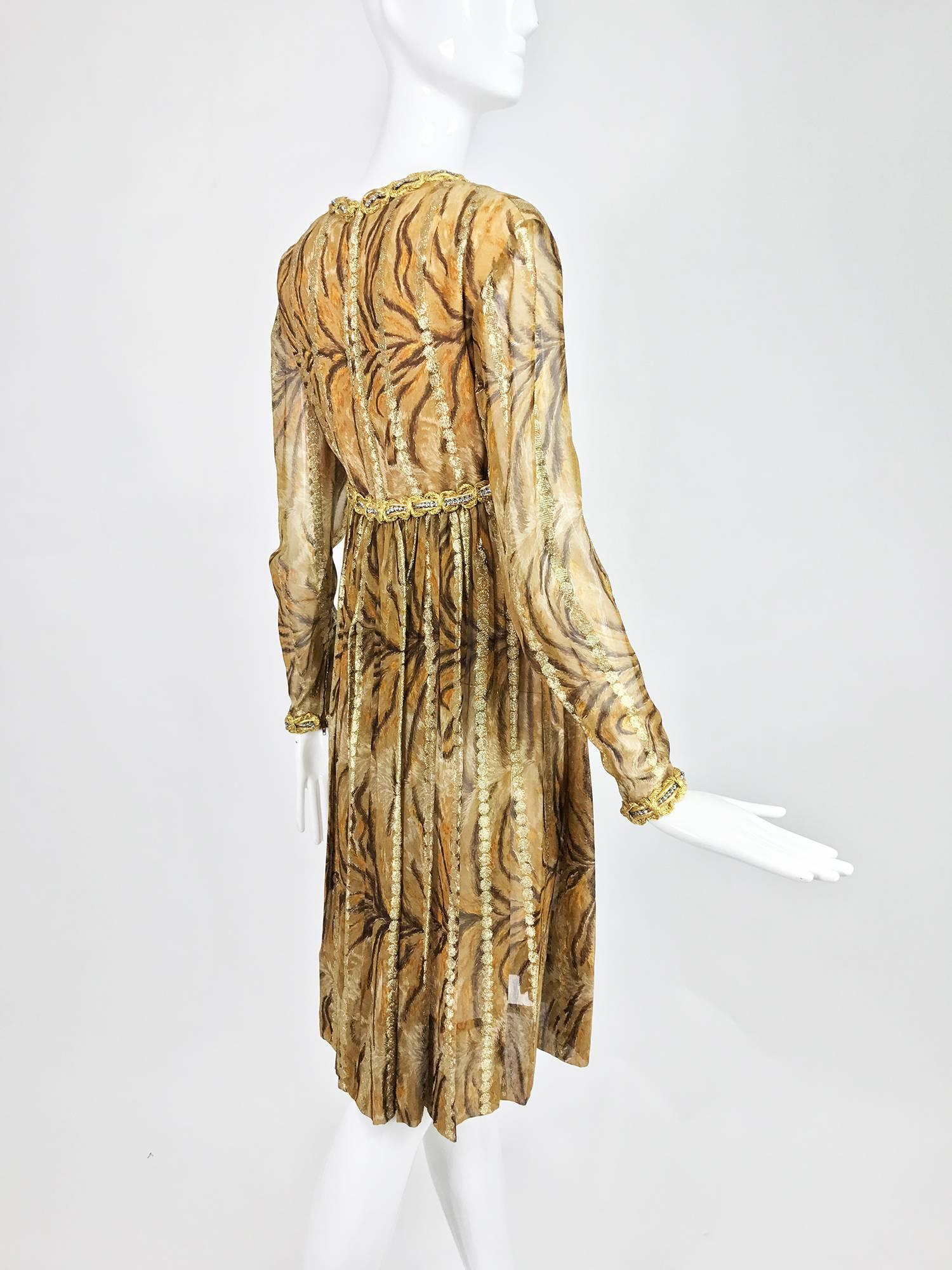 Women's Vintage Bill Blass golden silk chiffon metallic tiger stripe cocktail dress 1970 For Sale