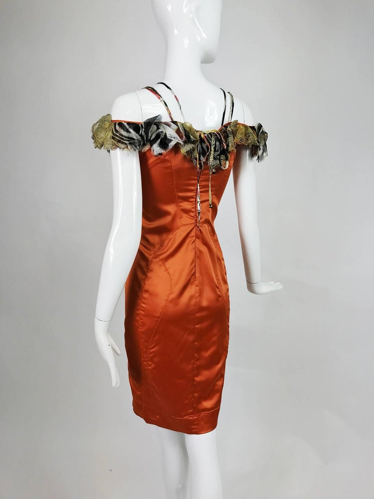 Roberto Cavalli Russet Stretch Satin Ruffle Shoulder Dress For Roberto Cavalli Russet Stretch Satin Ruffle Shoulder Dress In Excellent Condition For West Palm