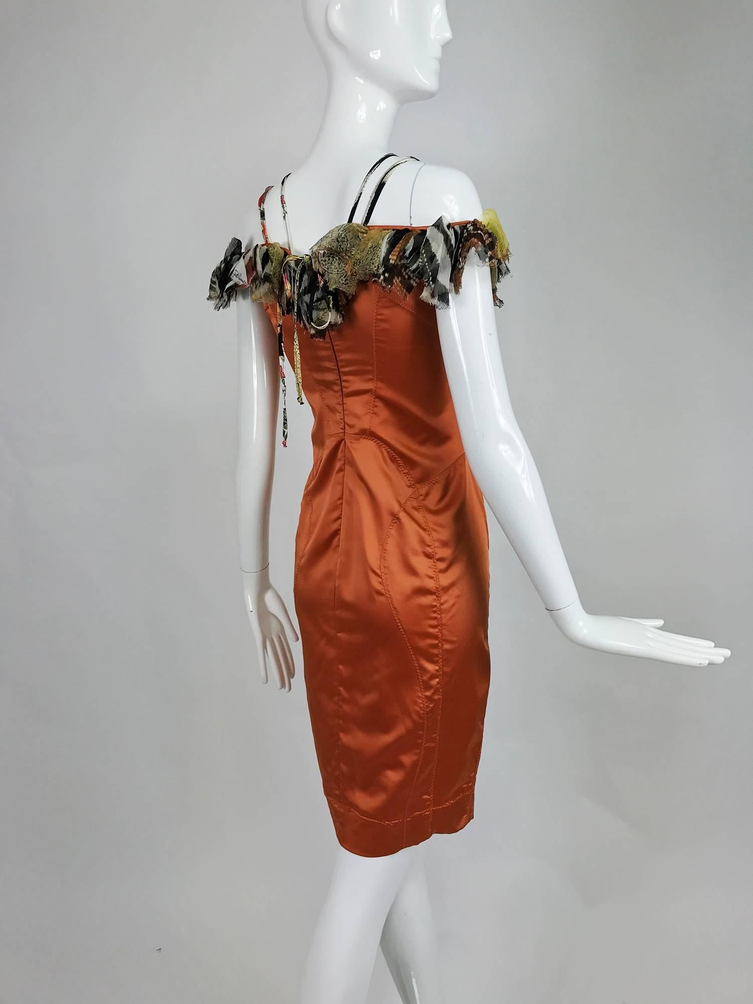 Roberto Cavalli russet stretch satin ruffle shoulder dress For Sale at ...