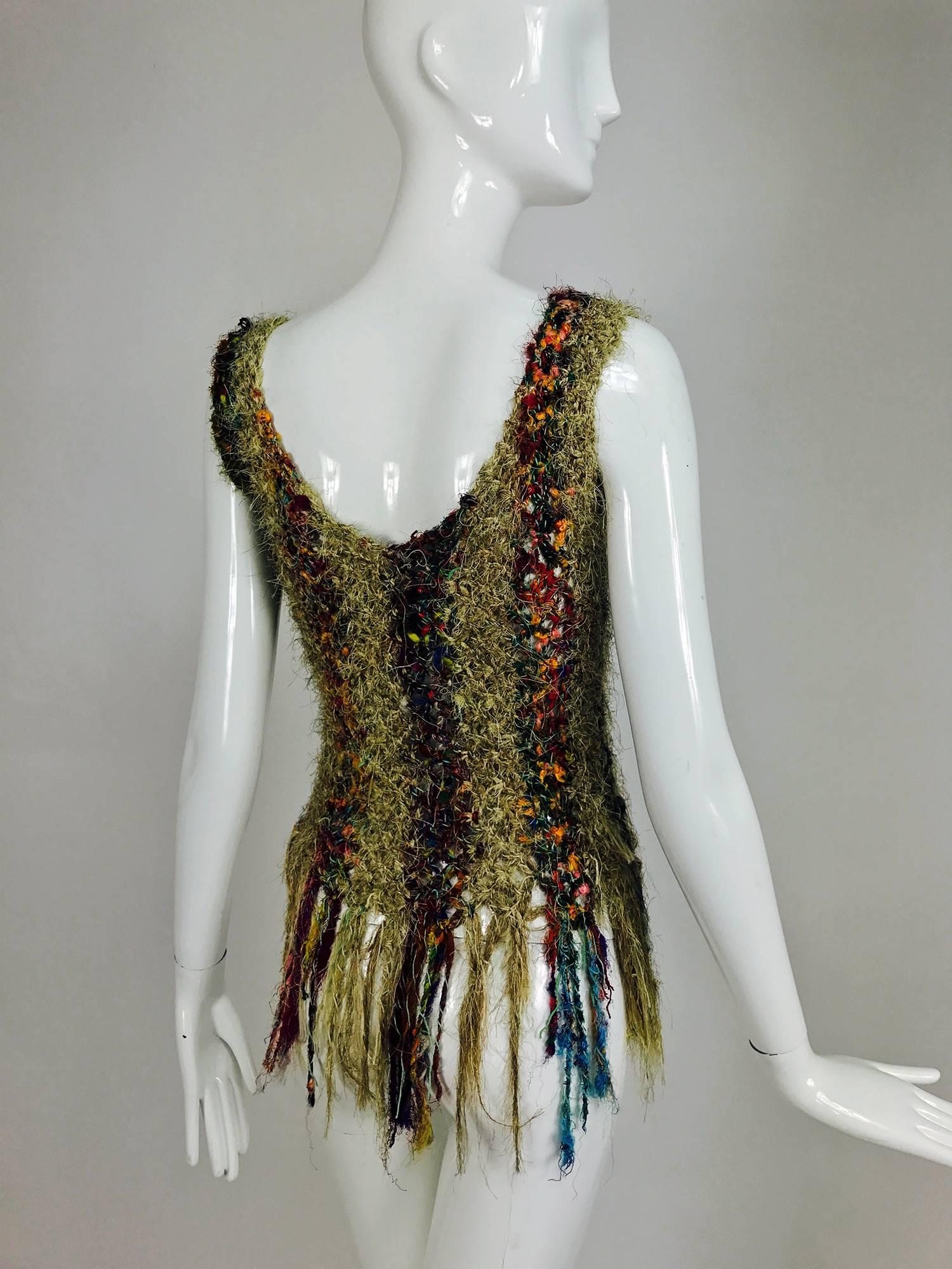 Women's Vintage art to wear silk woven fringe top 