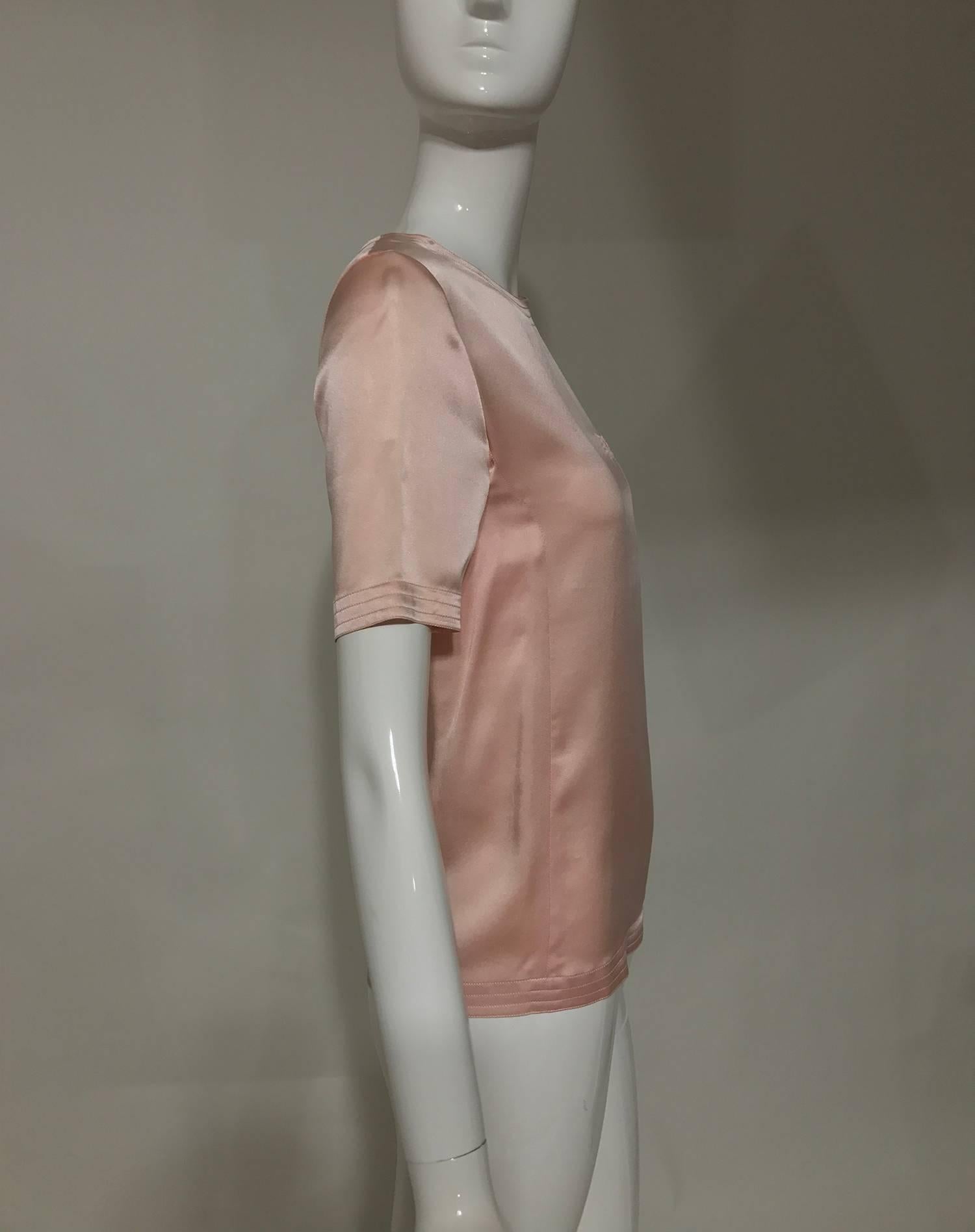 Brown Vintage Chanel classic pale pink silk satin short sleeve blouse 1970s