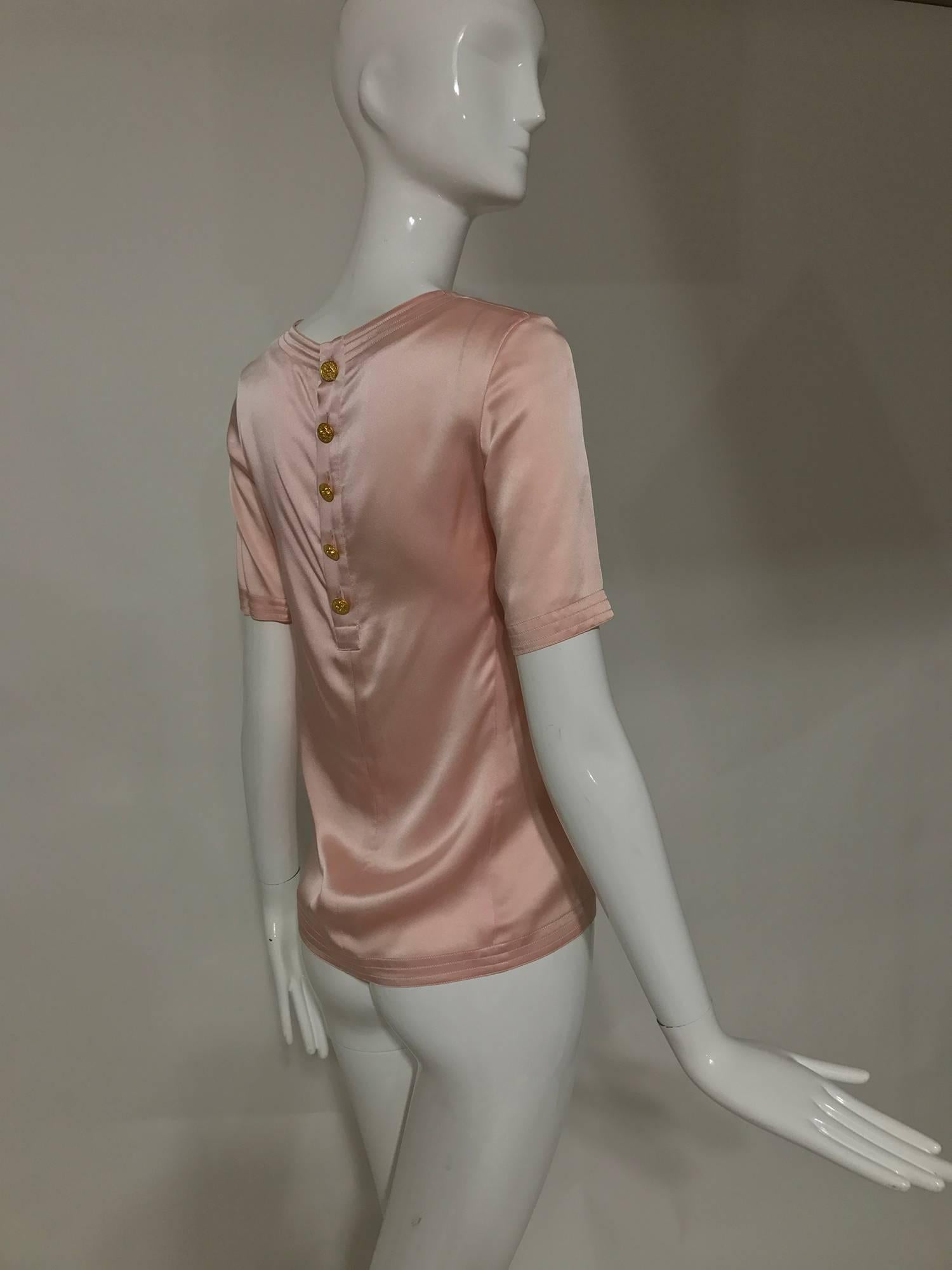 Women's or Men's Vintage Chanel classic pale pink silk satin short sleeve blouse 1970s