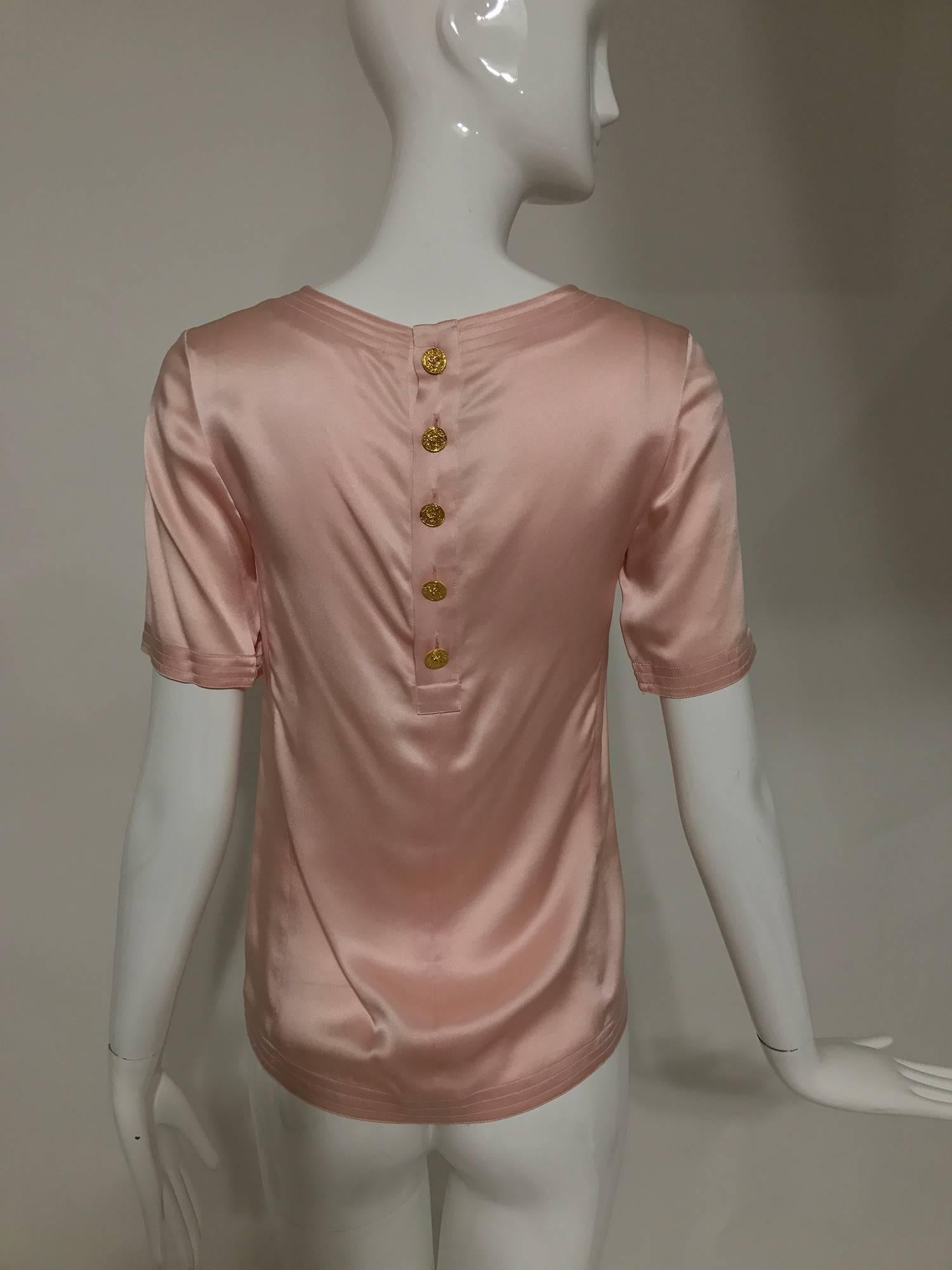 Vintage Chanel classic pale pink silk satin short sleeve blouse 1970s 1
