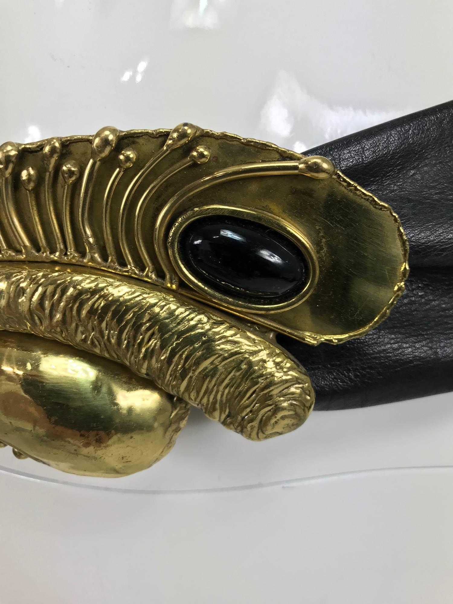 Noir Boucle de ceinture moderniste vintage en laiton et onyx avec boucle et ceinture en cuir, années 1980 en vente