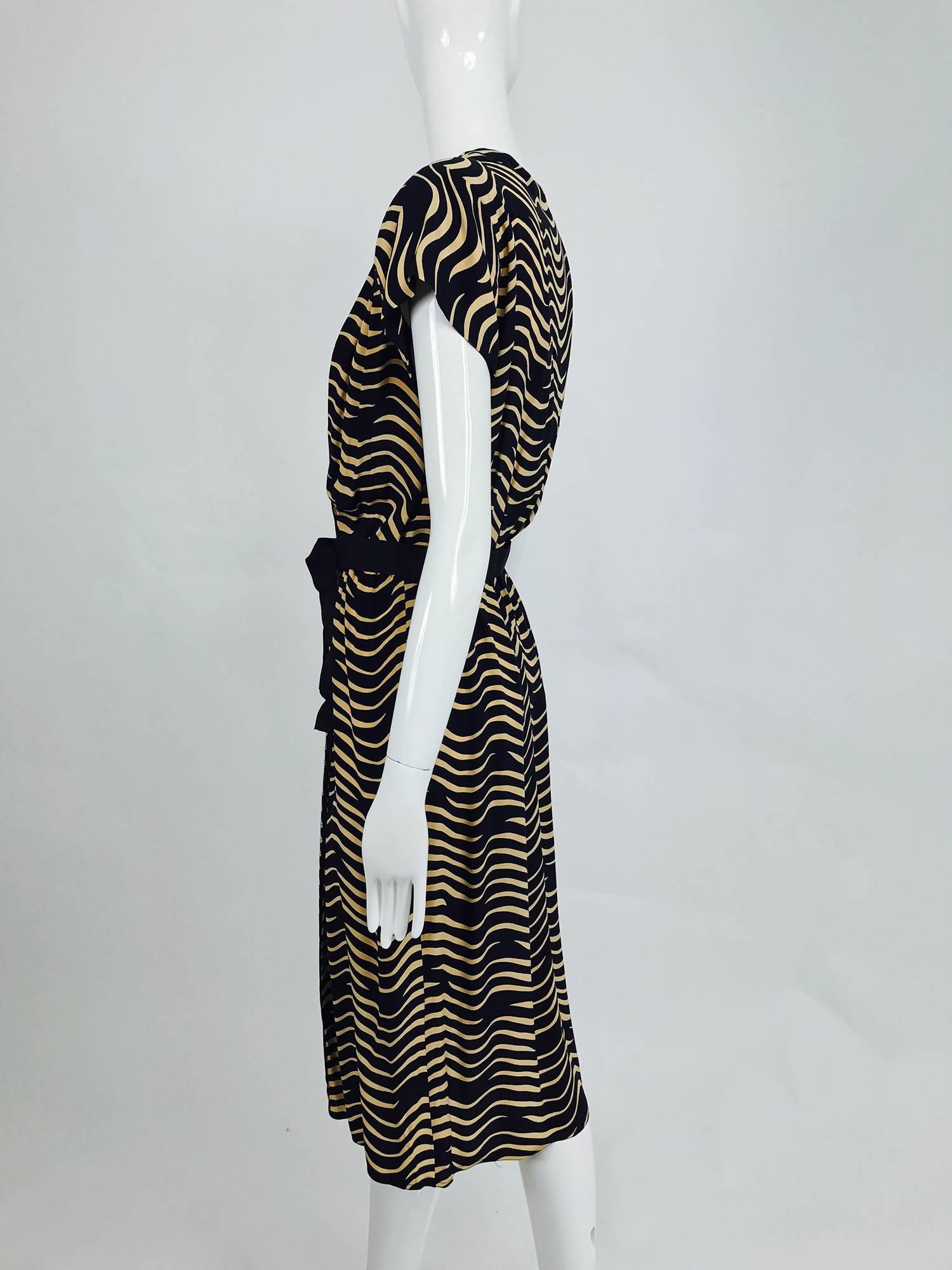 Black Rare novelty cigarette with smoke print silk dress by Dianne B 1970s