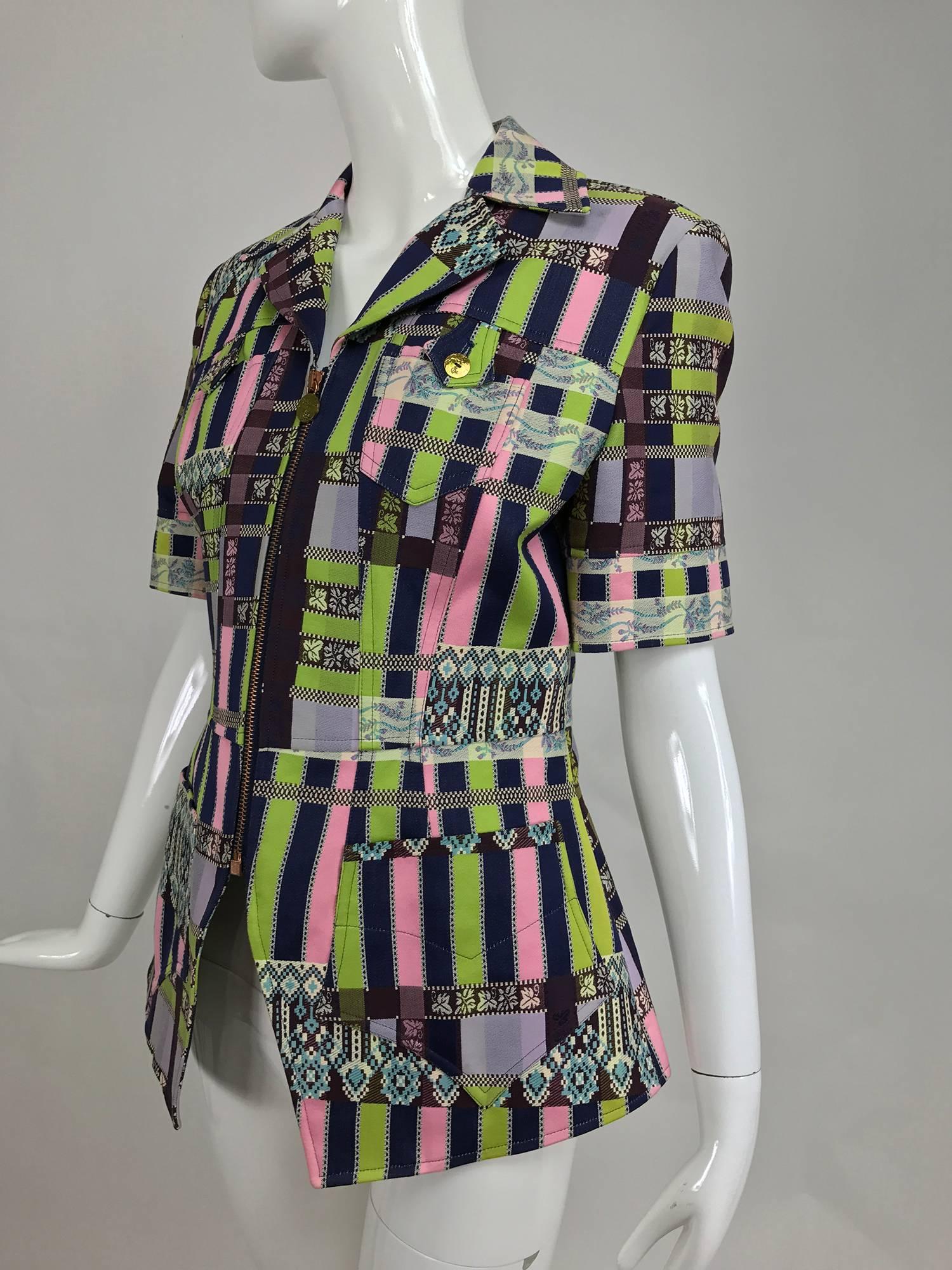 Christian LaCroix Bazar, copper metal zipper front Short sleeve jacket from 1980s...100% cotton jacket features woven patchwork fabric with notched lapels, short sleeves that can be turned back...Fitted bodice with defined waist and long line hip