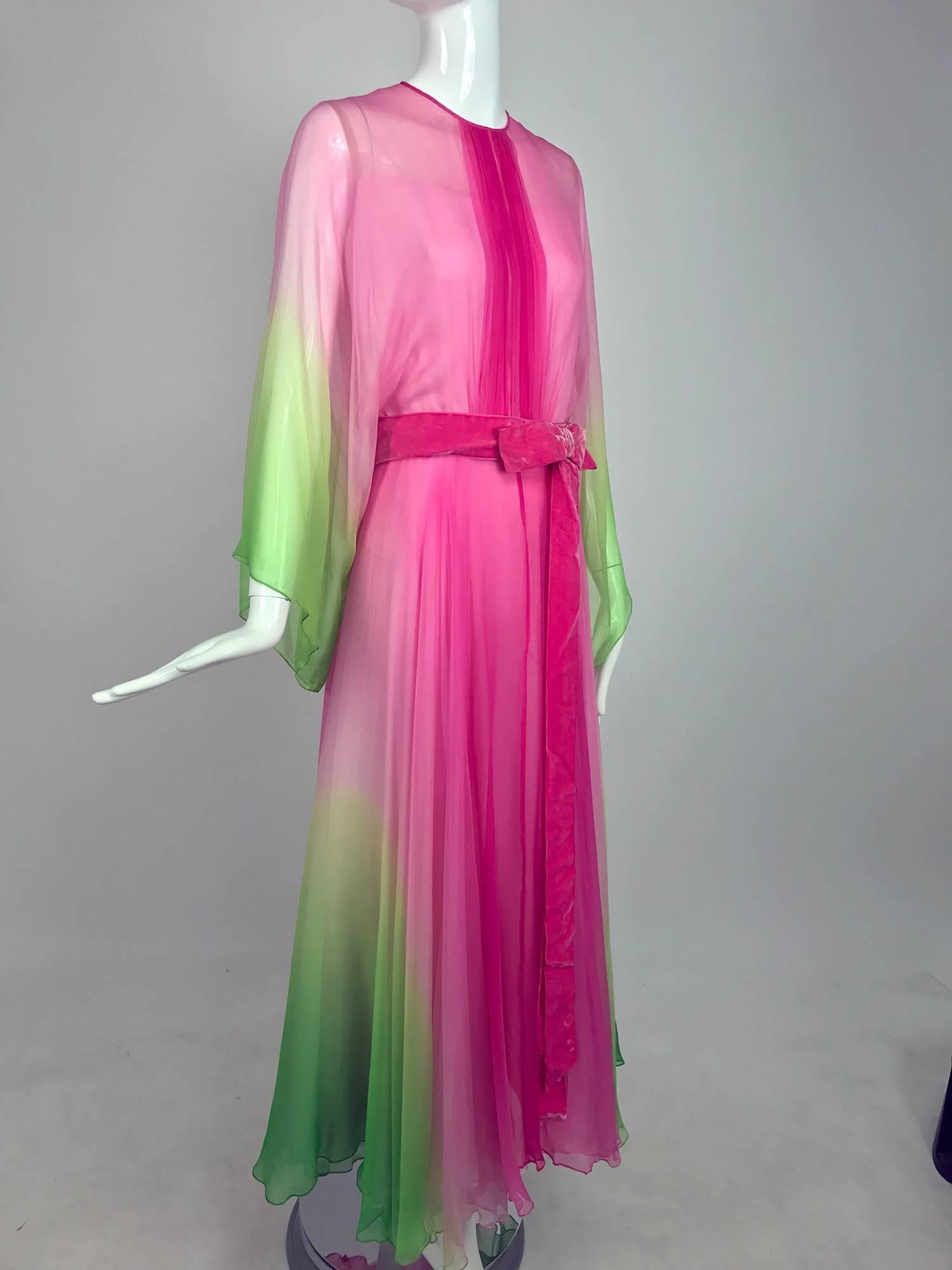 1970s hot pink and lime green ombred silk chiffon kimono sleeve maxi dress from the 1970s...The colour combination of this dress is so beautiful...I love the drape of the fabric and the wide kimono sleeves...Jewel neckline dress has vertical pleats