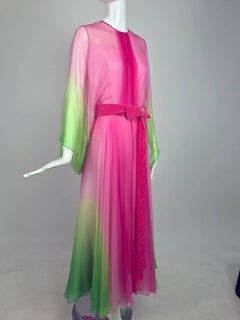 Vintage pink and green ombred silk chiffon kimono sleeve maxi dress 1970s