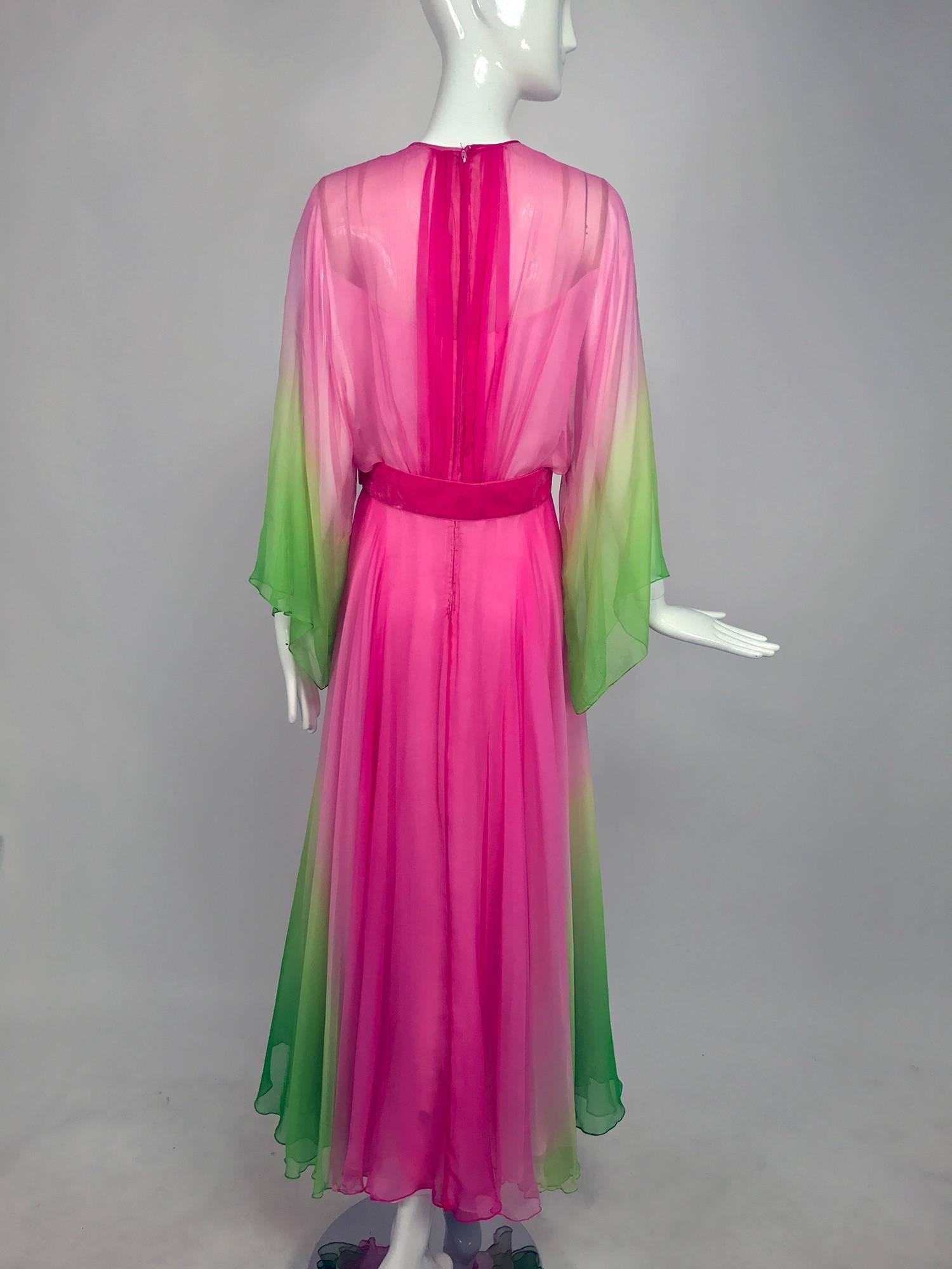 Pink Vintage pink and green ombred silk chiffon kimono sleeve maxi dress 1970s
