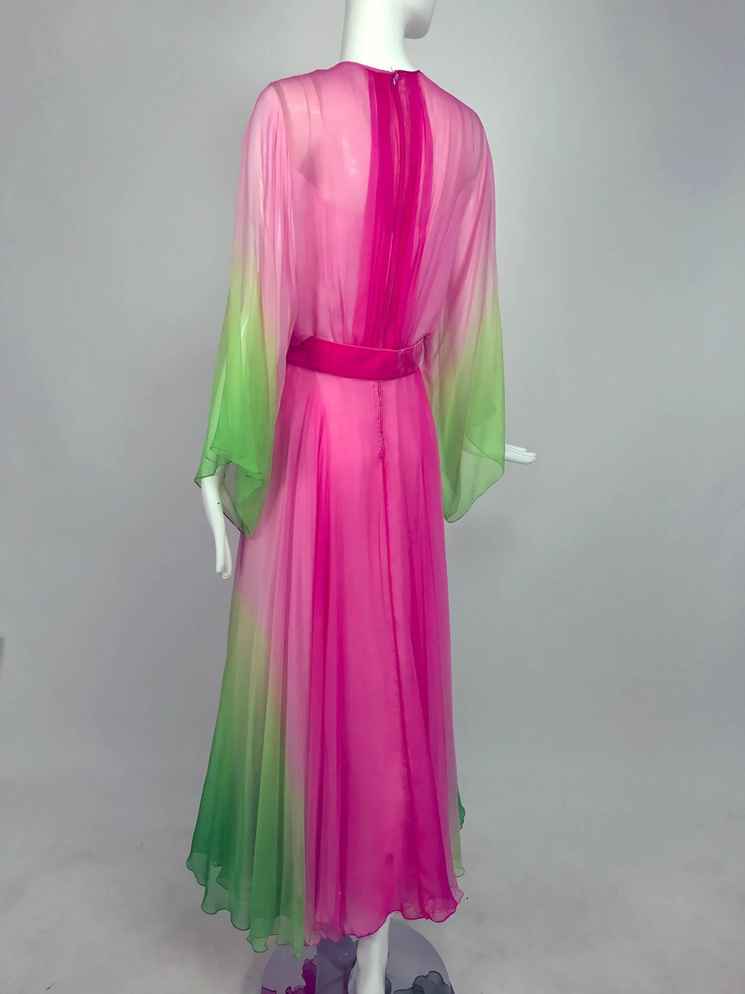 Vintage pink and green ombred silk chiffon kimono sleeve maxi dress 1970s In Good Condition In West Palm Beach, FL